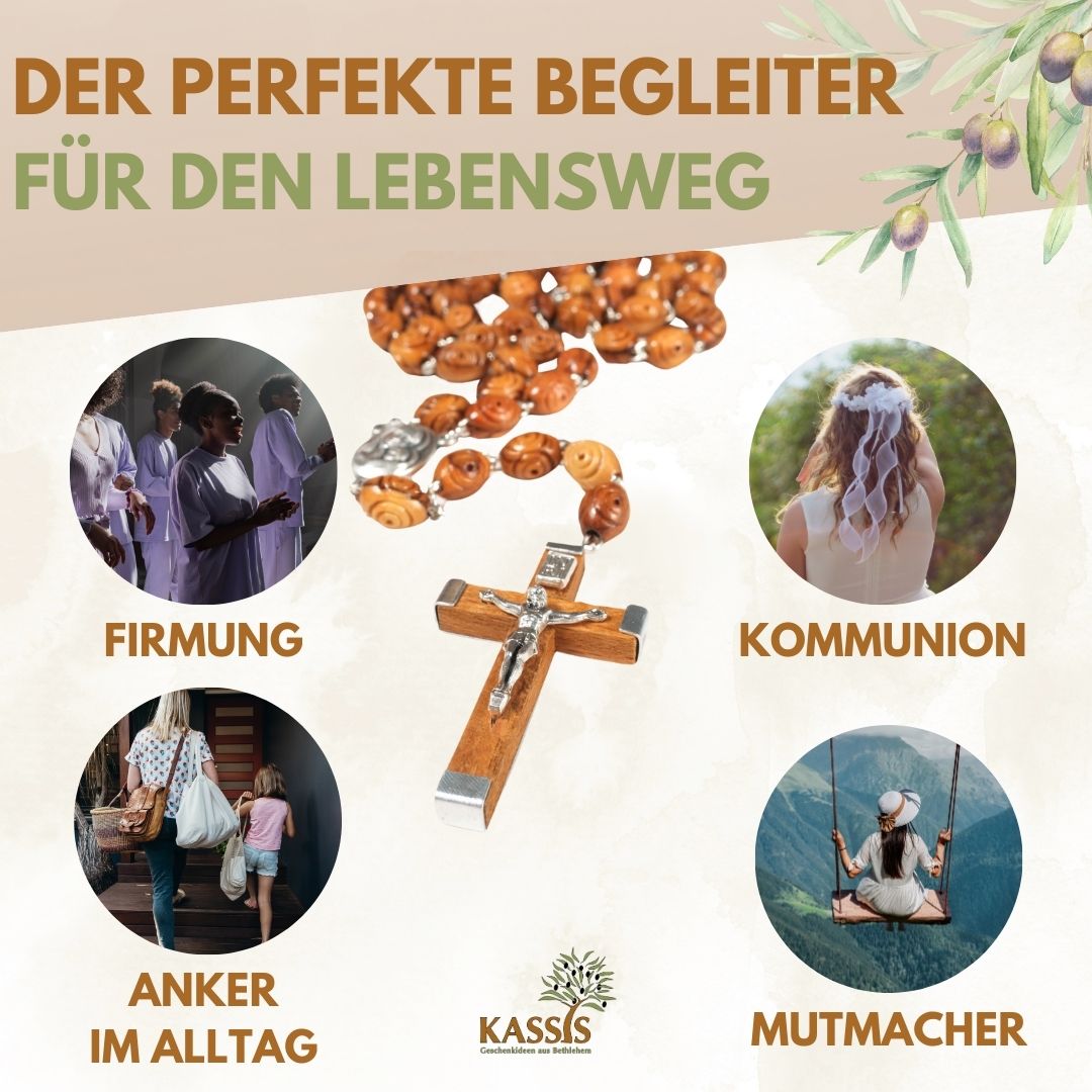 Rosenkranz aus Olivenholz mit verzierten Perlen (50 cm) | Gebetskette mit Kreuz als Geschenk zur Taufe, Kommunion & Firmung