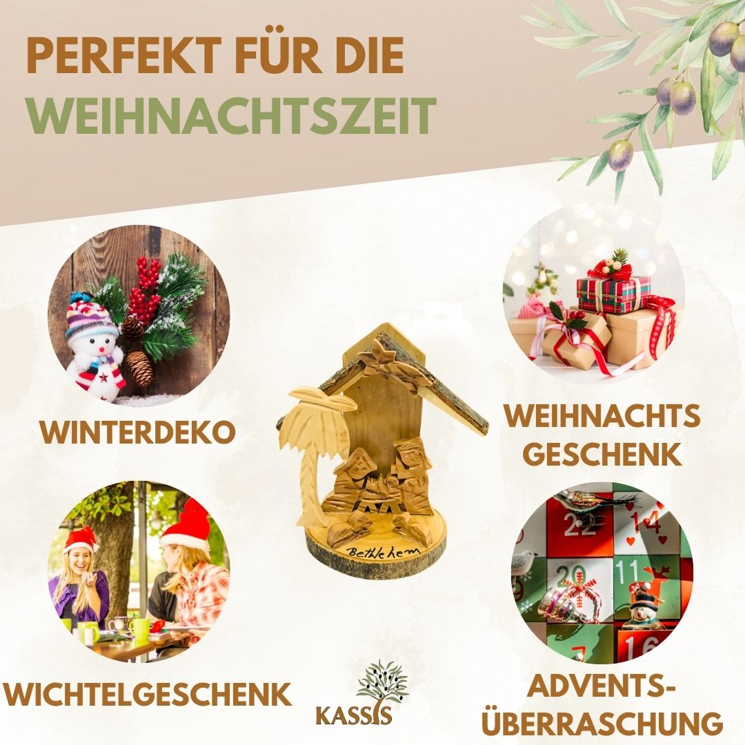 Krippe aus Olivenholz mit Rinde, 10 cm | Weihnachtsdeko & Geschenk für Advent und Weihnachten