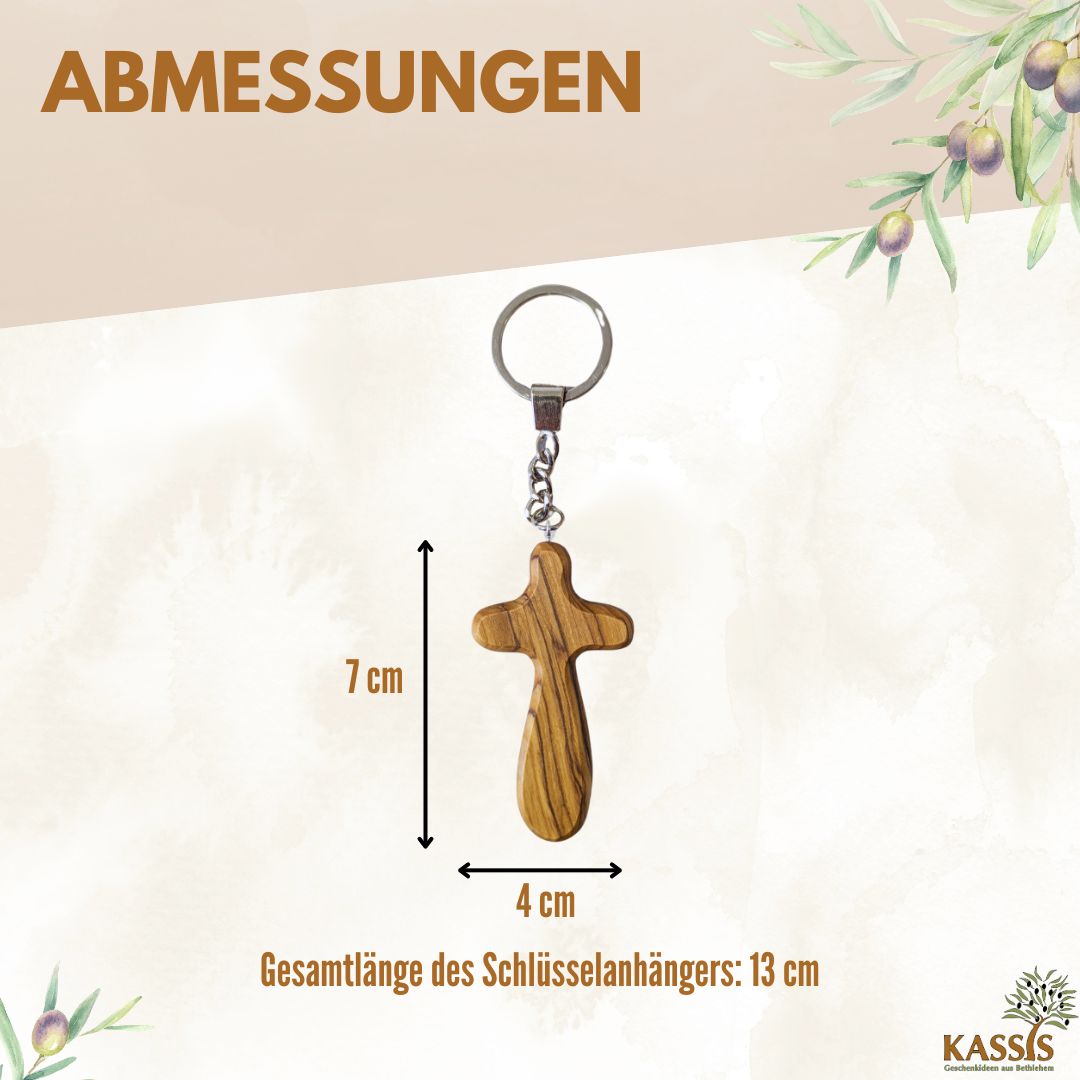 Personalisierter Kreuz Schlüsselanhänger aus Olivenholz mit Gravur 7 cm | Geschenk zur Taufe, Kommunion, Konfirmation
