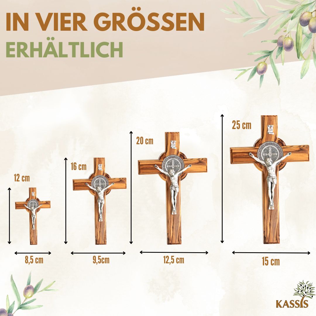 St. Benedikt Kreuz aus Olivenholz | Schutzkreuz als Wandkreuz & Geschenk zur Taufe, Kommunion oder Firmung
