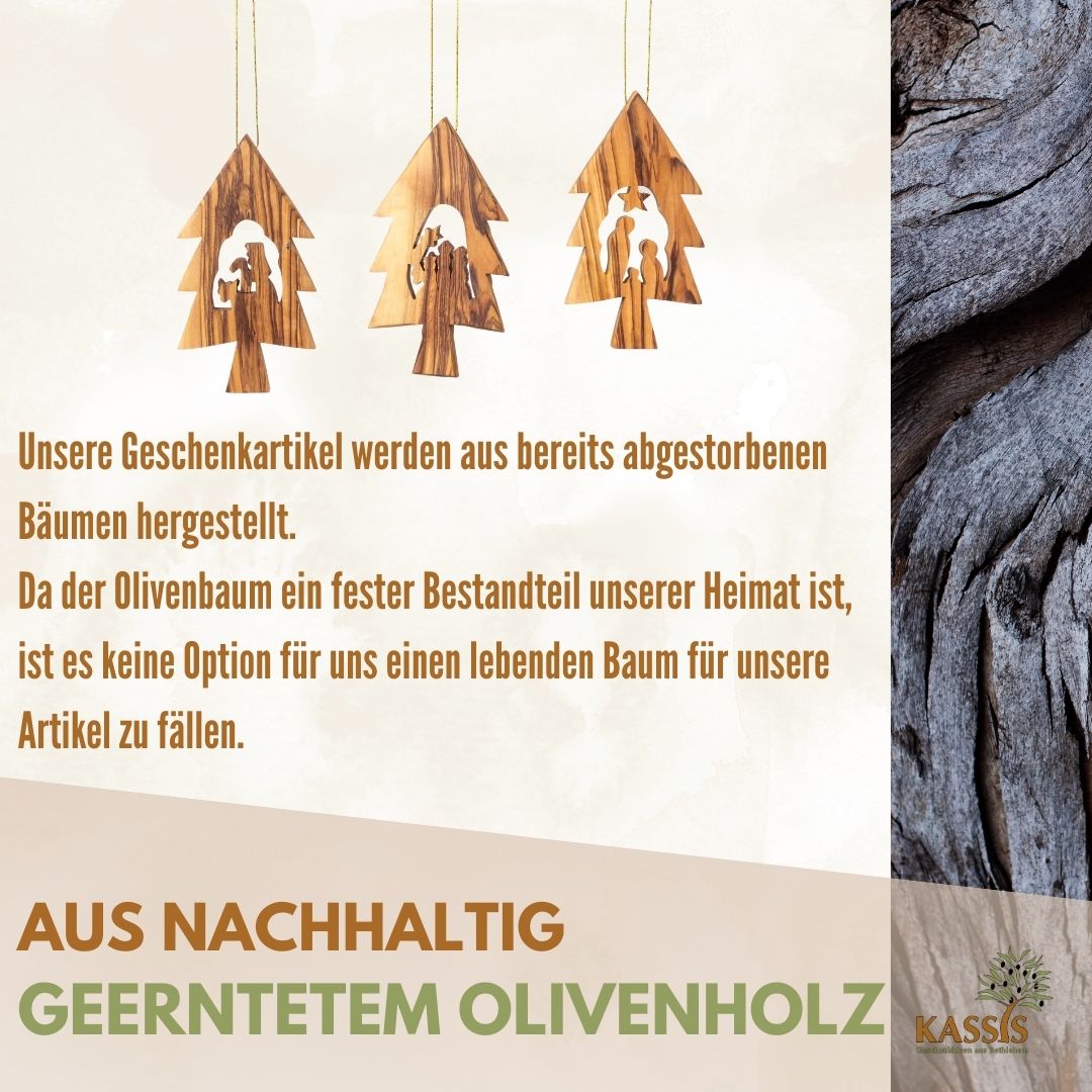 Olivenholz Krippen-Anhänger im Tannenbaum 3er Set (ohne Rinde) | Baumschmuck & Weihnachtsdeko für Advent und Weihnachten