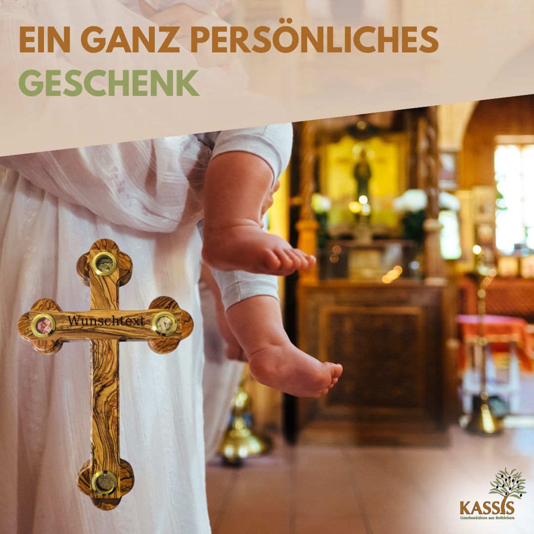 Olivenholz Kreuz mit Einlagen aus Bethlehem 28 × 18,5 cm | Erde, Steine, Weihrauch & Olivenblätter