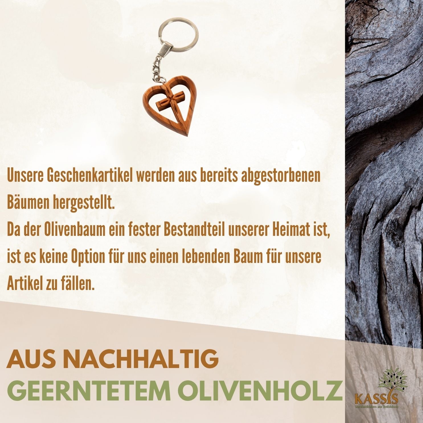 Schlüsselanhänger Kreuz im Herz aus Olivenholz | Liebevoller Glücksbringer als Geschenk zur Taufe, Kommunion & Geburtstag