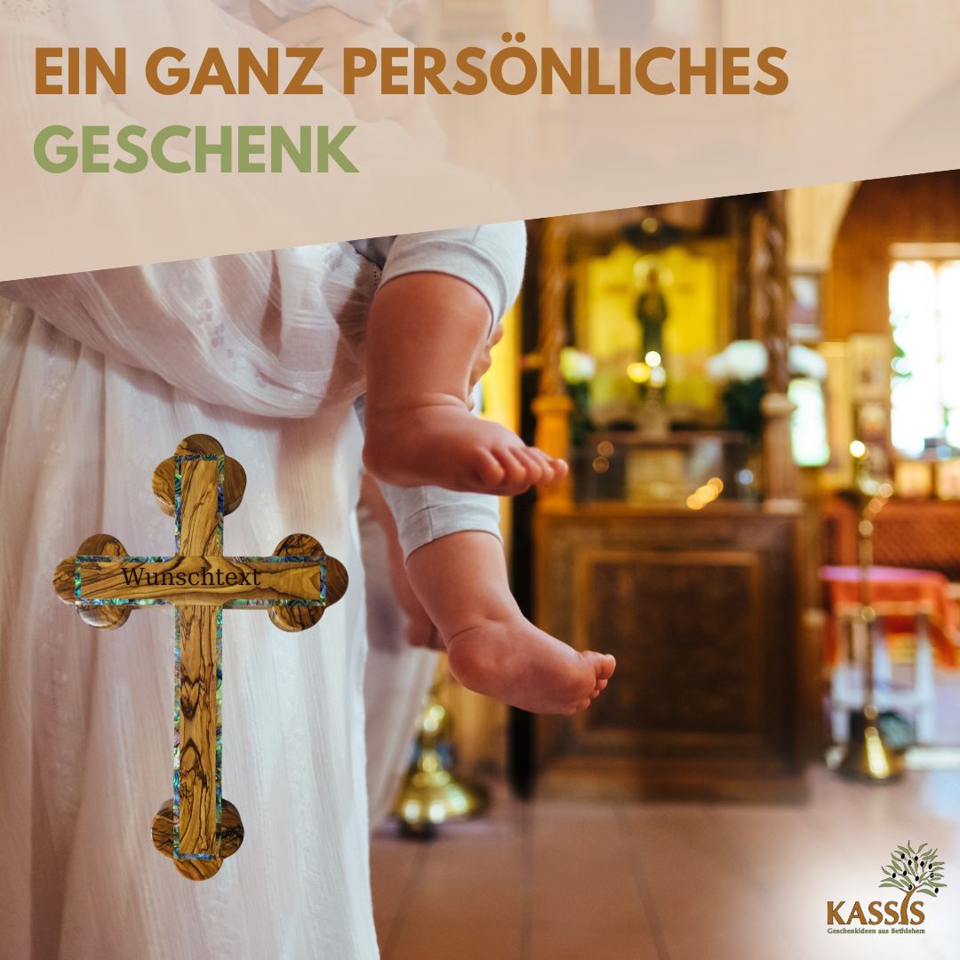 Olivenholz Kreuz mit Perlmutt-Rand | Wandkreuz Geschenk zur Taufe, Kommunion & Firmung