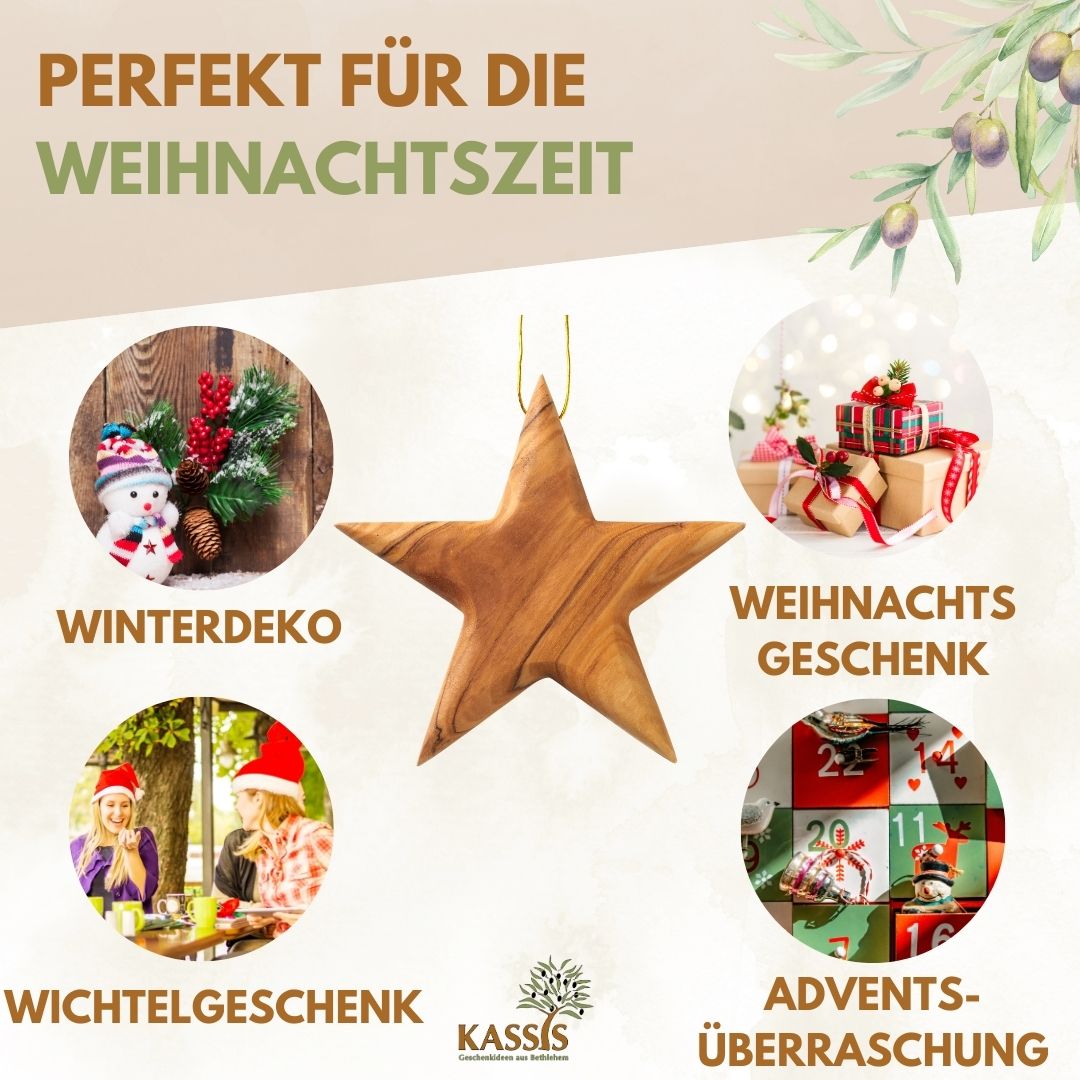 Personalisierter Stern Anhänger aus Olivenholz mit Gravur 8 cm | Baumschmuck & Weihnachtsdeko