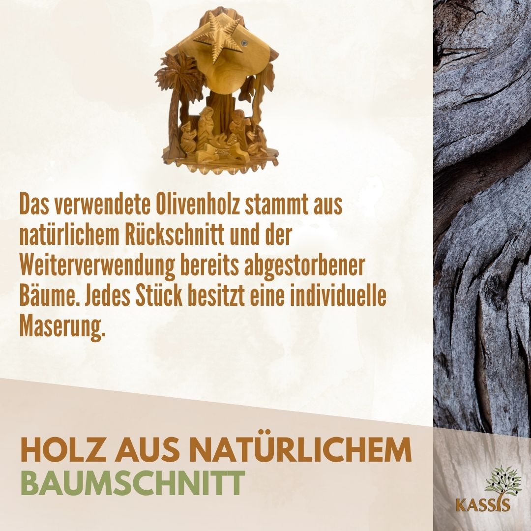 Weihnachtskrippe aus Olivenholz mit Aufziehmechanismus | Weihnachtsdeko & Geschenk für Advent und Weihnachten