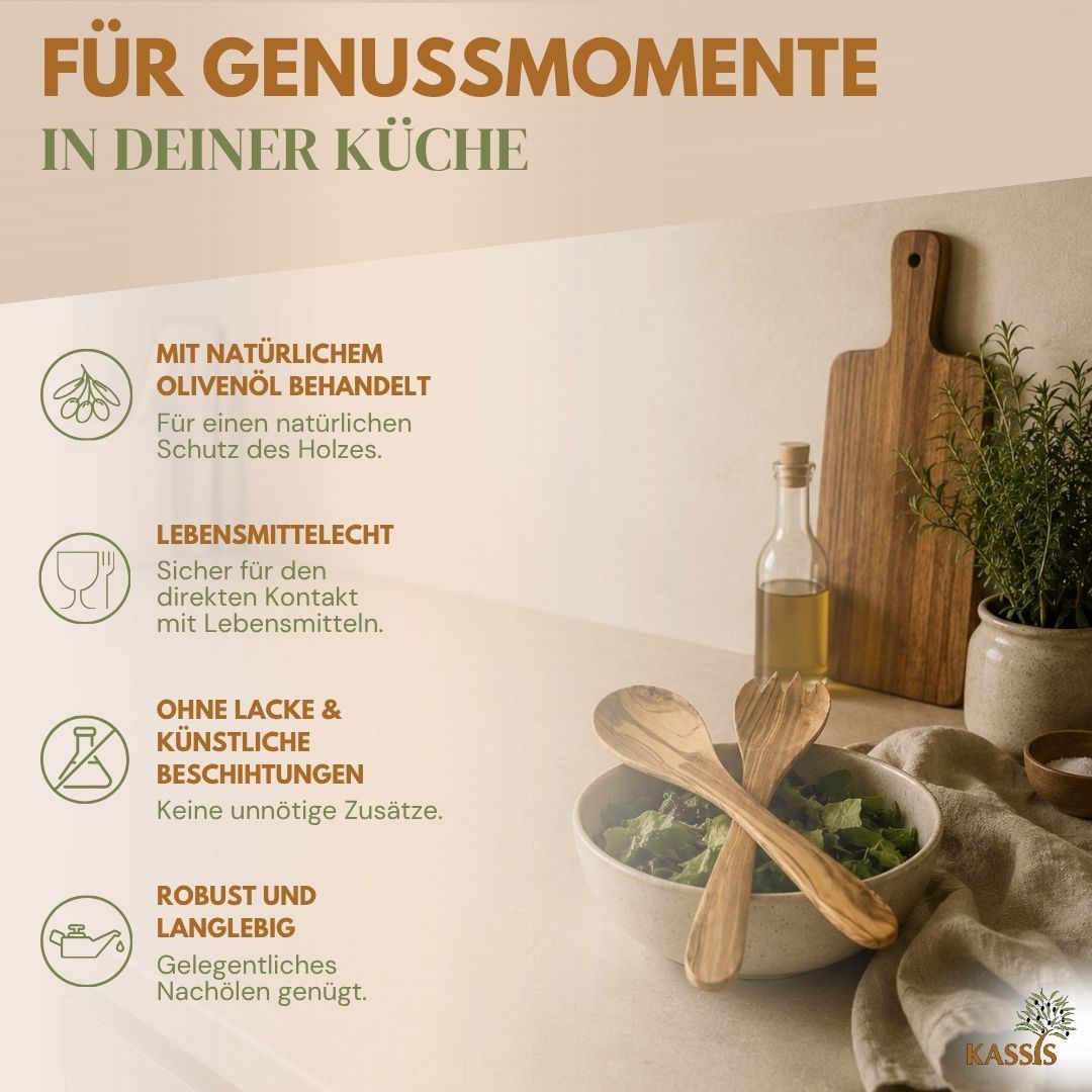 Salatbesteck aus Olivenholz 2-teilig | Salatlöffel & Salatgabel aus Holz Handgefertigtes Servierbesteck