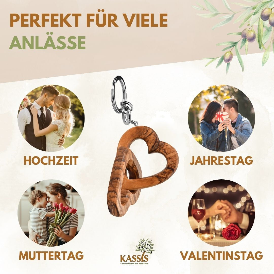 Personalisierter Schlüsselanhänger verbundene Herzen aus Olivenholz mit Gravur | Geschenk zur Hochzeit, Valentinstag, Jahrestag