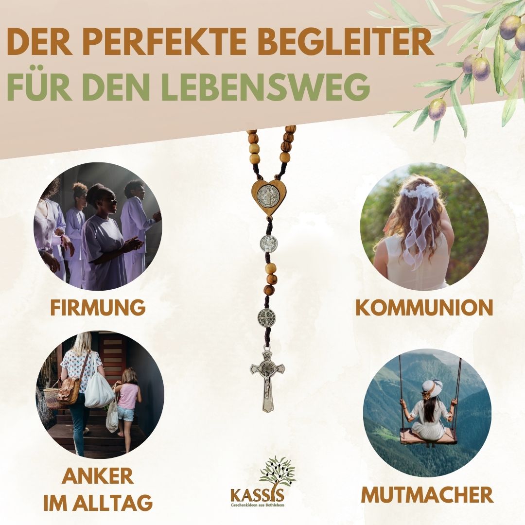St. Benedikt Rosenkranz aus Olivenholz | Gebetskette mit Kreuz & Medaille, Geschenk Taufe, Kommunion, Firmung