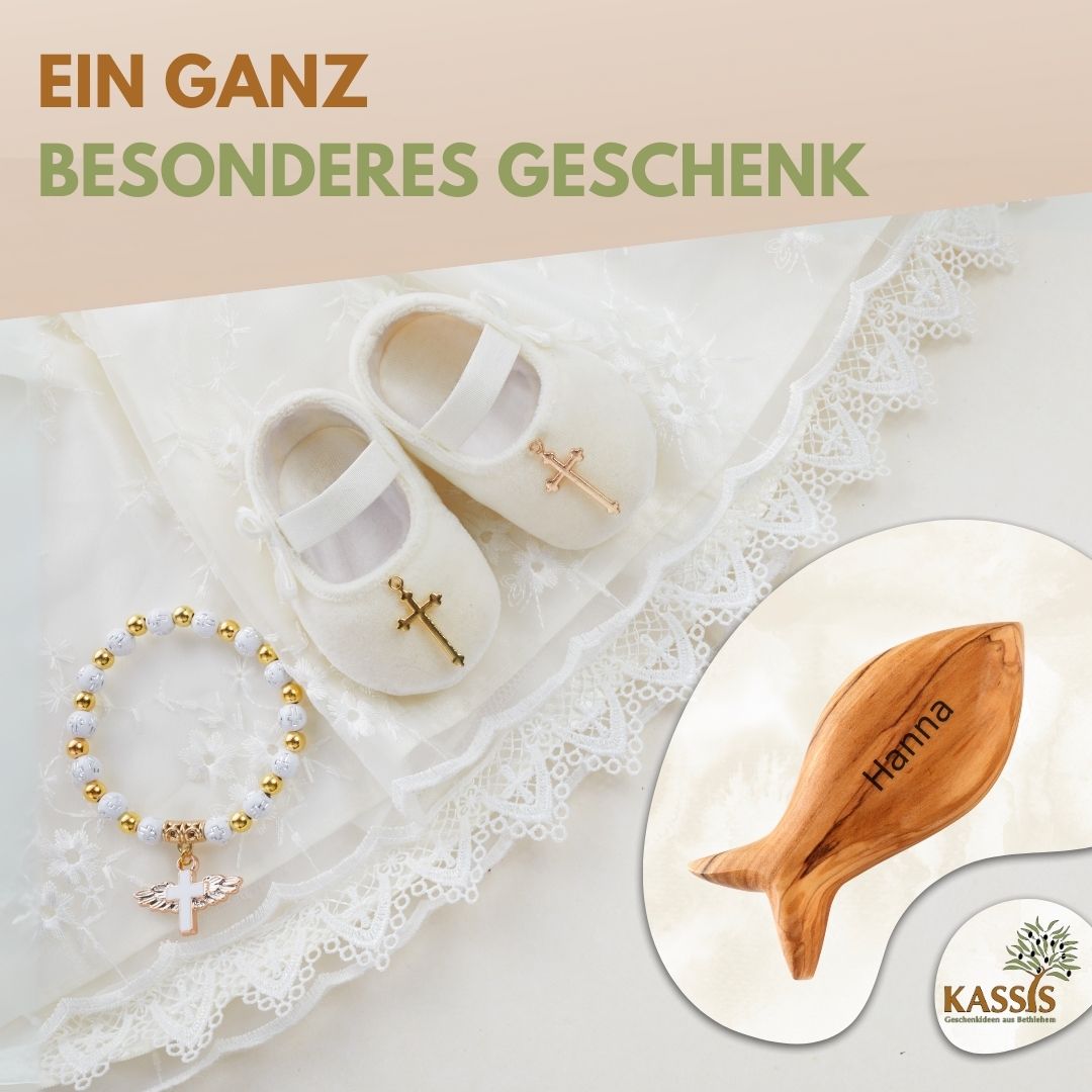 Fisch Handschmeichler aus Olivenholz | Kleiner Glücksbringer als Geschenk zur Taufe, Kommunion & Geburt