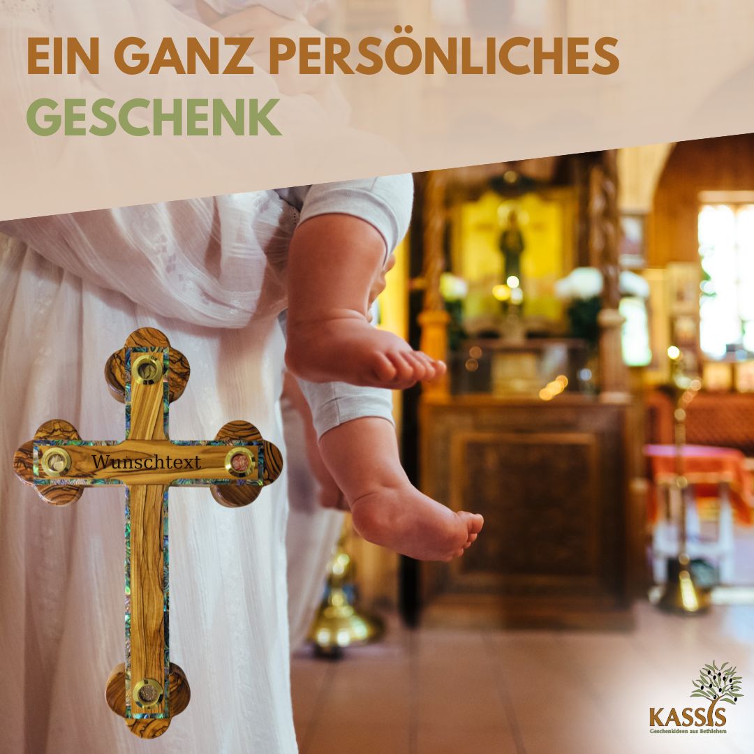 Olivenholz Kreuz mit Perlmutt-Rand & Einlagen aus Bethlehem 28 × 18,5 cm | Handarbeit aus dem Heiligen Land