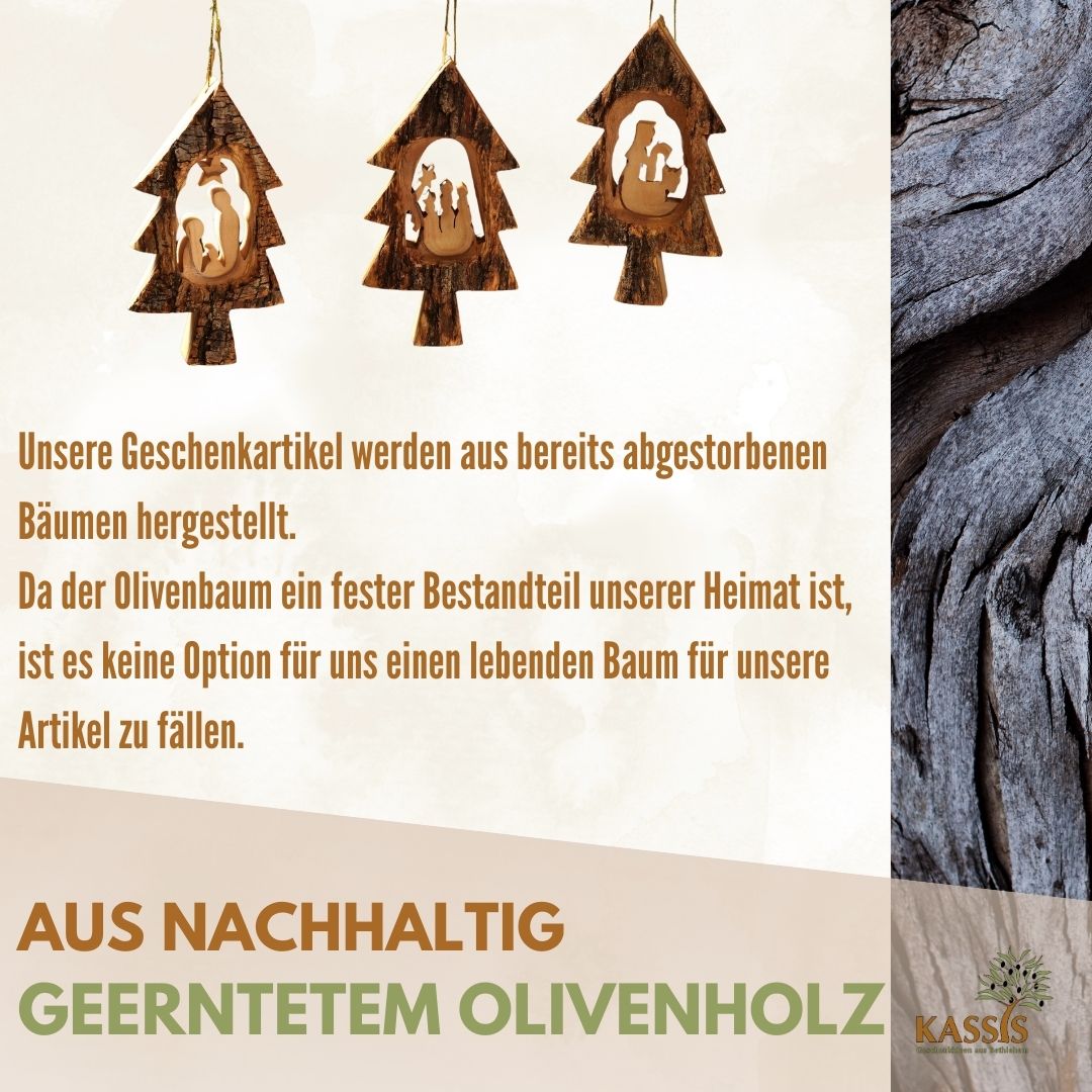 Krippen-Anhänger aus Olivenholz im Tannenbaum mit Rinde (3er Set) | Baumschmuck & Weihnachtsdeko für Advent und Weihnachten