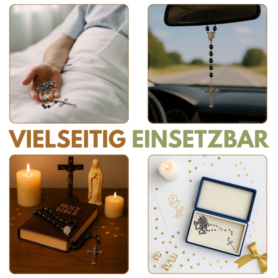 Rosenkranz mit runden Hämatitperlen (42 cm) | Gebetskette mit Kreuz als Geschenk zur Taufe, Kommunion & Firmung
