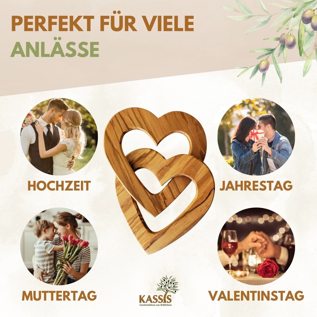 Personalisierte verbundene Herzen aus Olivenholz 15 cm mit Gravur | Geschenk zur Hochzeit, Valentinstag, Jubiläum