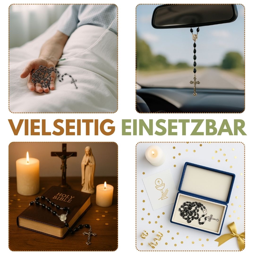 Rosenkranz mit ovalen Hämatitperlen (53 cm) | Gebetskette mit Metallkreuz, Geschenk zur Taufe, Kommunion & Firmung