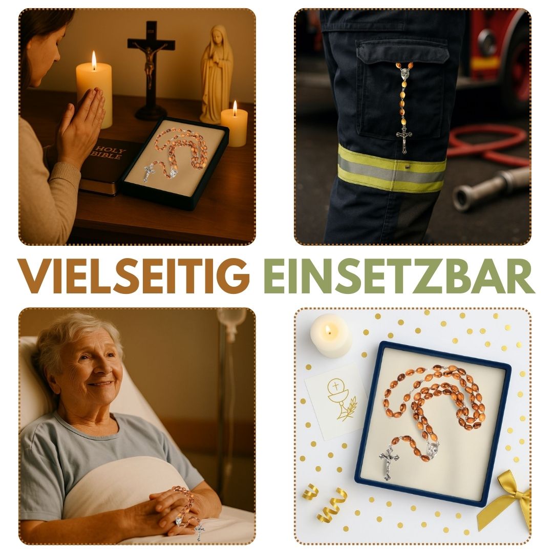 Rosenkranz mit ovalen Olivenholz-Perlen und Elementen aus Metall & Erde | Gebetskette mit Kreuz als Geschenk zur Taufe, Kommunion & Firmung