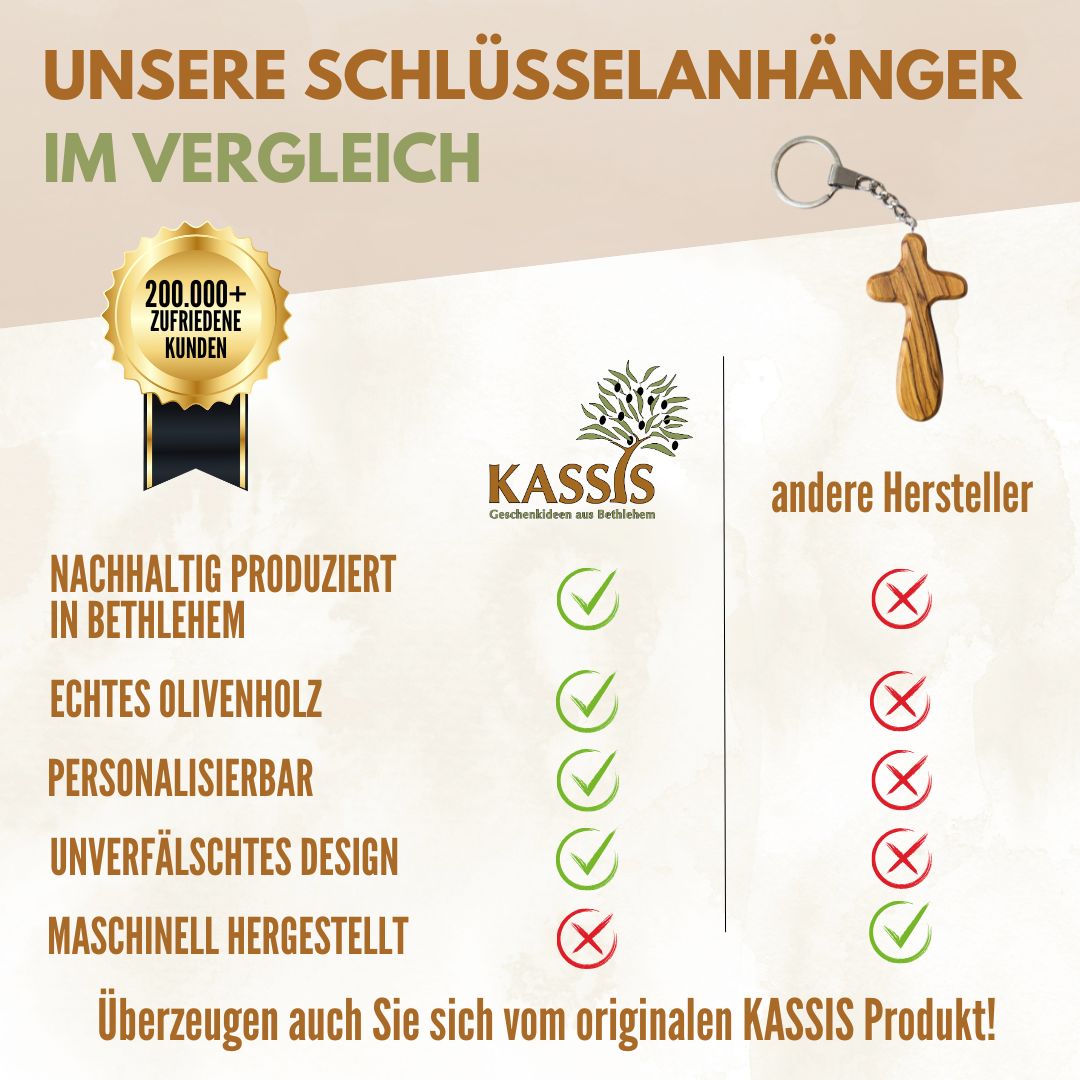 Personalisierter Kreuz Schlüsselanhänger aus Olivenholz mit Gravur 7 cm | Geschenk zur Taufe, Kommunion, Konfirmation