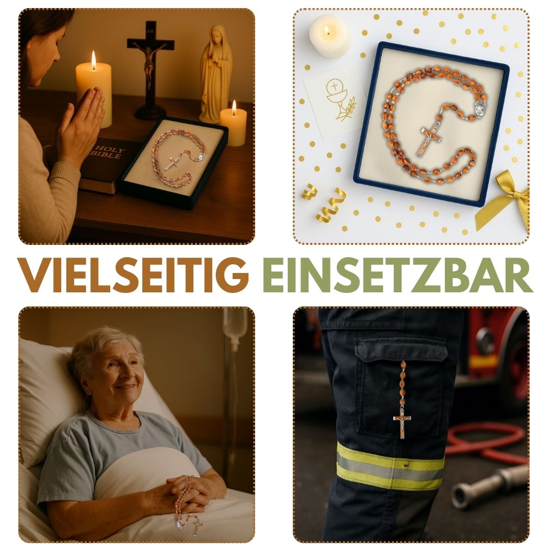 Rosenkranz aus Olivenholz mit verzierten Perlen (50 cm) | Gebetskette mit Kreuz als Geschenk zur Taufe, Kommunion & Firmung