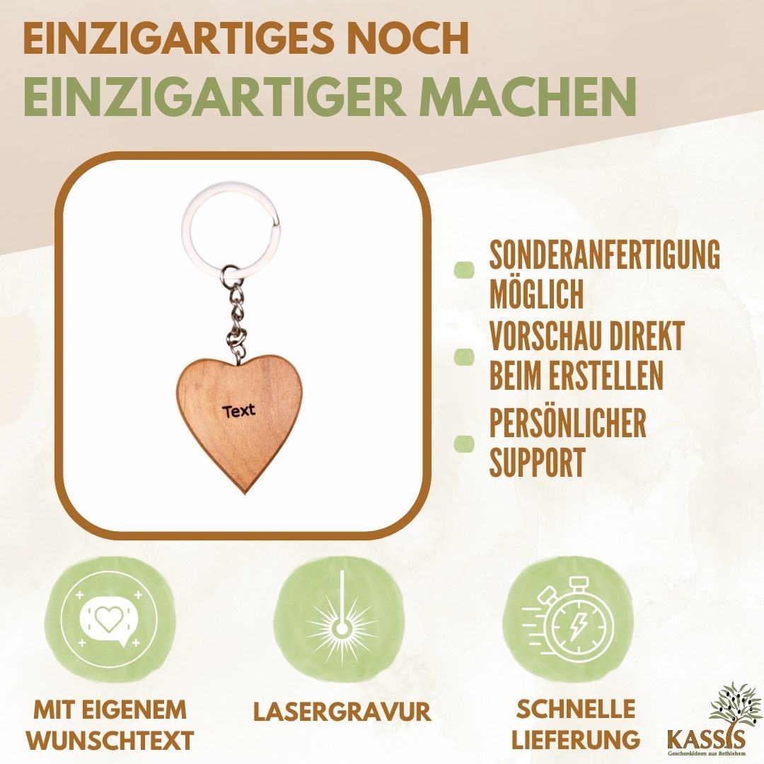 Personalisierter Schlüsselanhänger Herz aus Olivenholz mit Gravur | Geschenk Taufe, Kommunion, Liebe