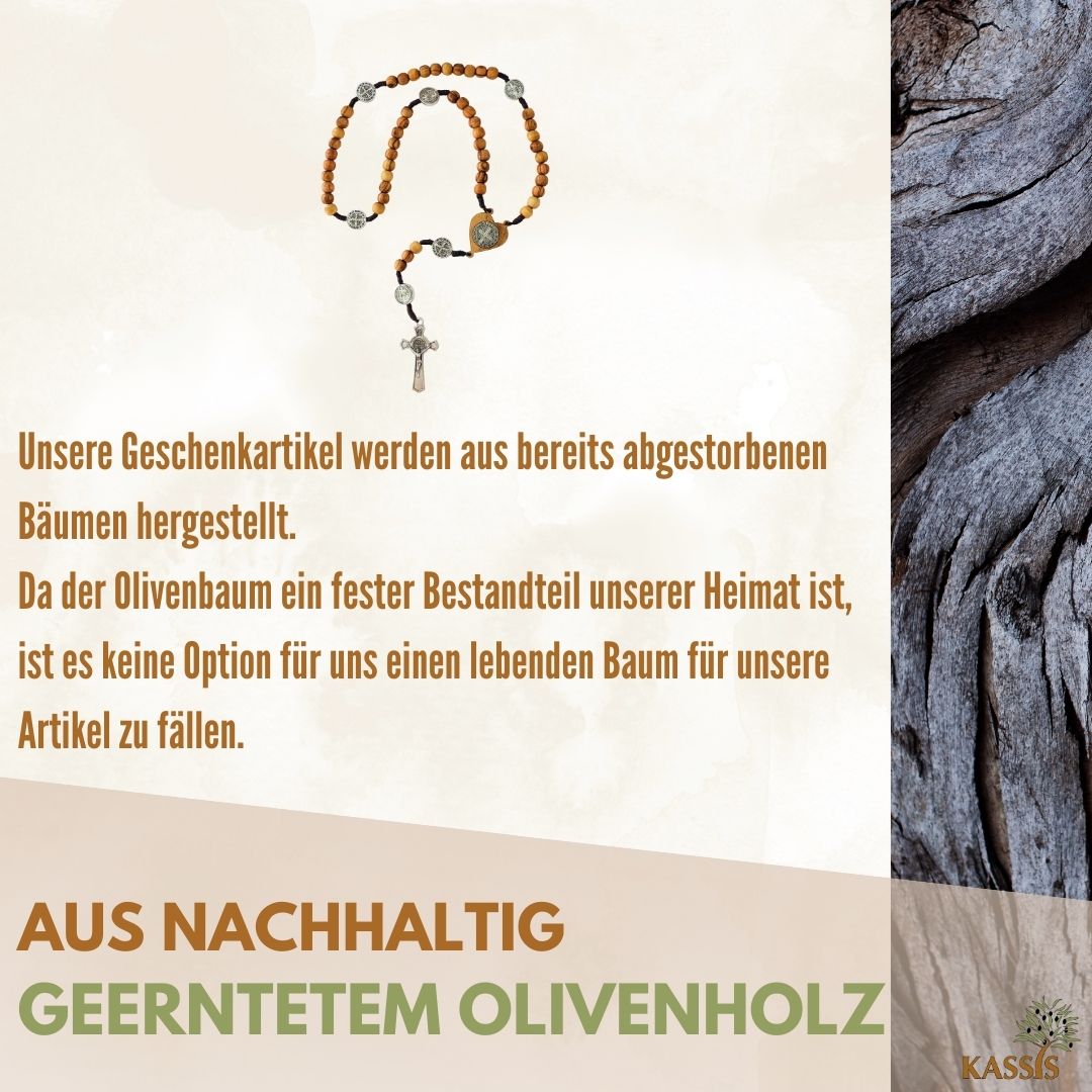 St. Benedikt Rosenkranz aus Olivenholz | Gebetskette mit Kreuz & Medaille, Geschenk Taufe, Kommunion, Firmung