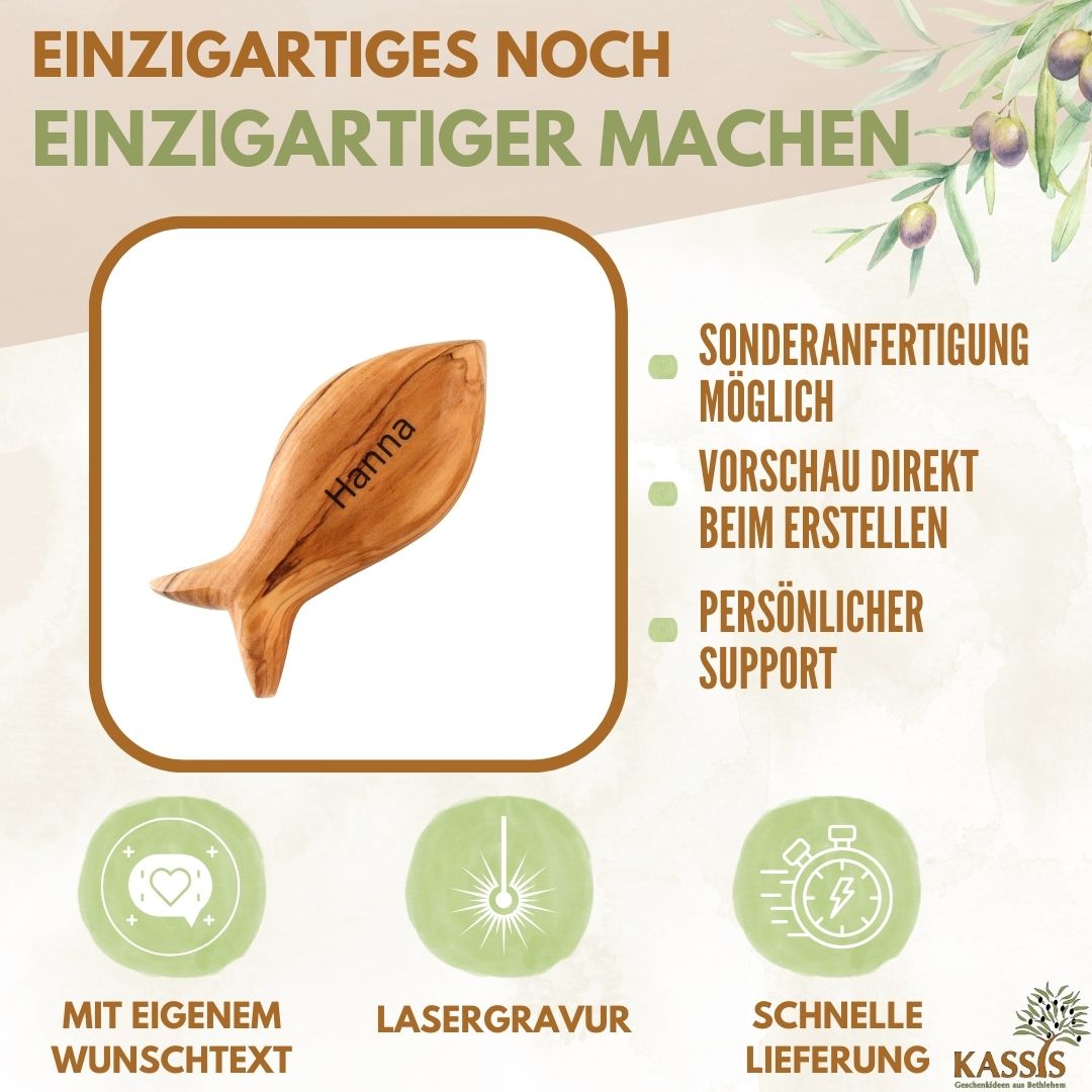 Fisch Handschmeichler aus Olivenholz | Kleiner Glücksbringer als Geschenk zur Taufe, Kommunion & Geburt