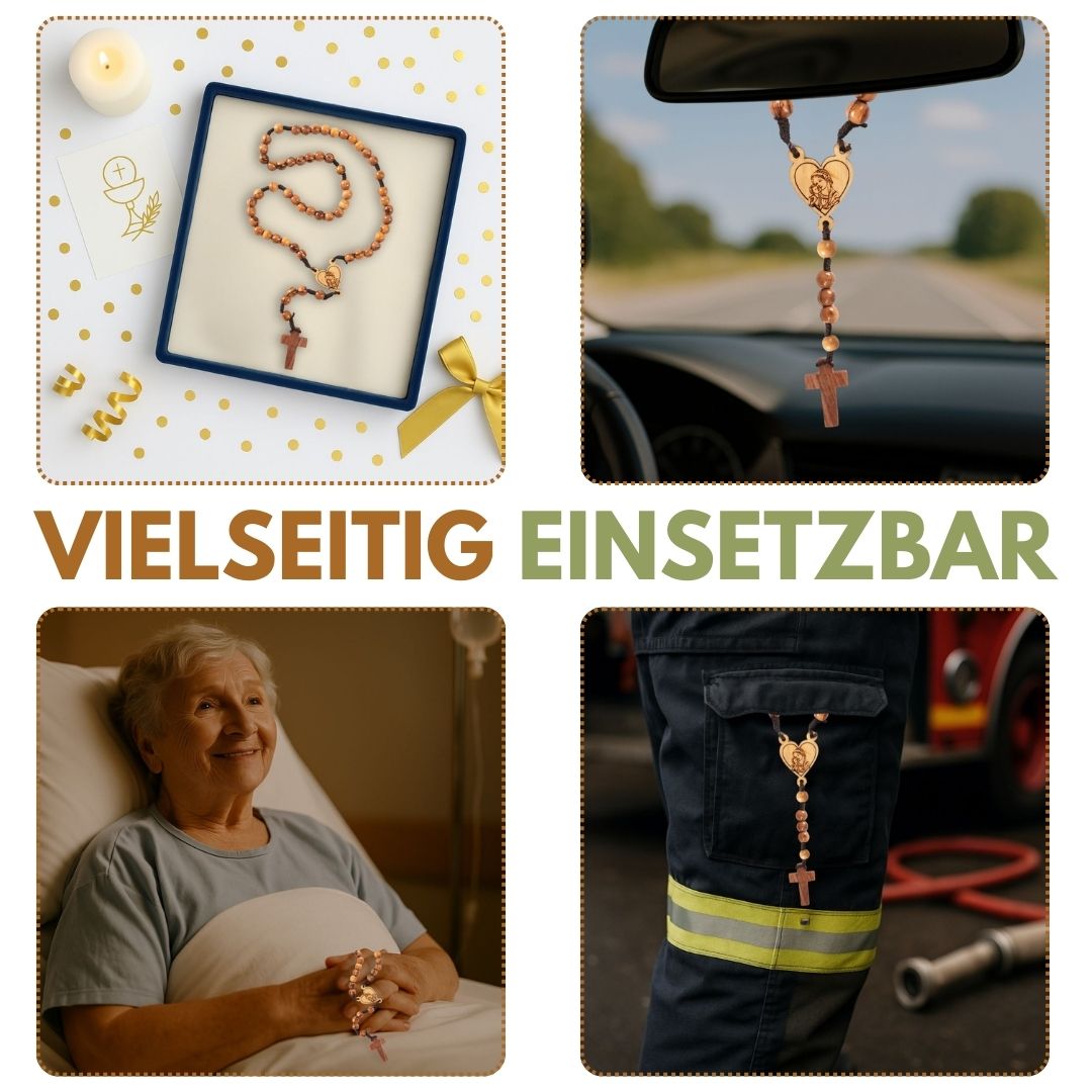 Rosenkranz aus Olivenholz mit Herz und Maria (42 cm) | Gebetskette als Geschenk zur Taufe, Kommunion & Firmung