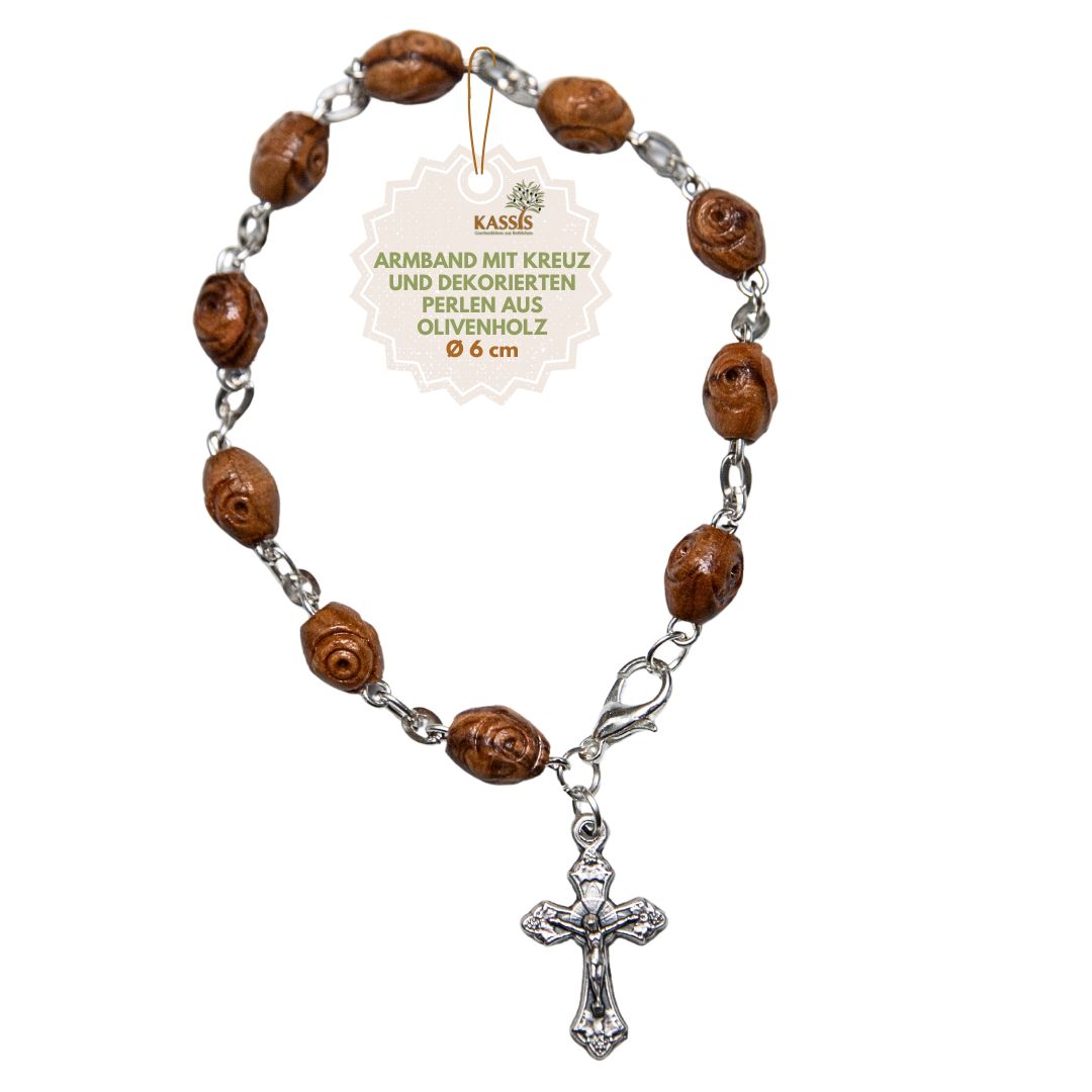 Olivenholz Armband mit Kreuz & verzierten Perlen | Perlenarmband Damen & Herren, Geschenk Taufe, Kommunion