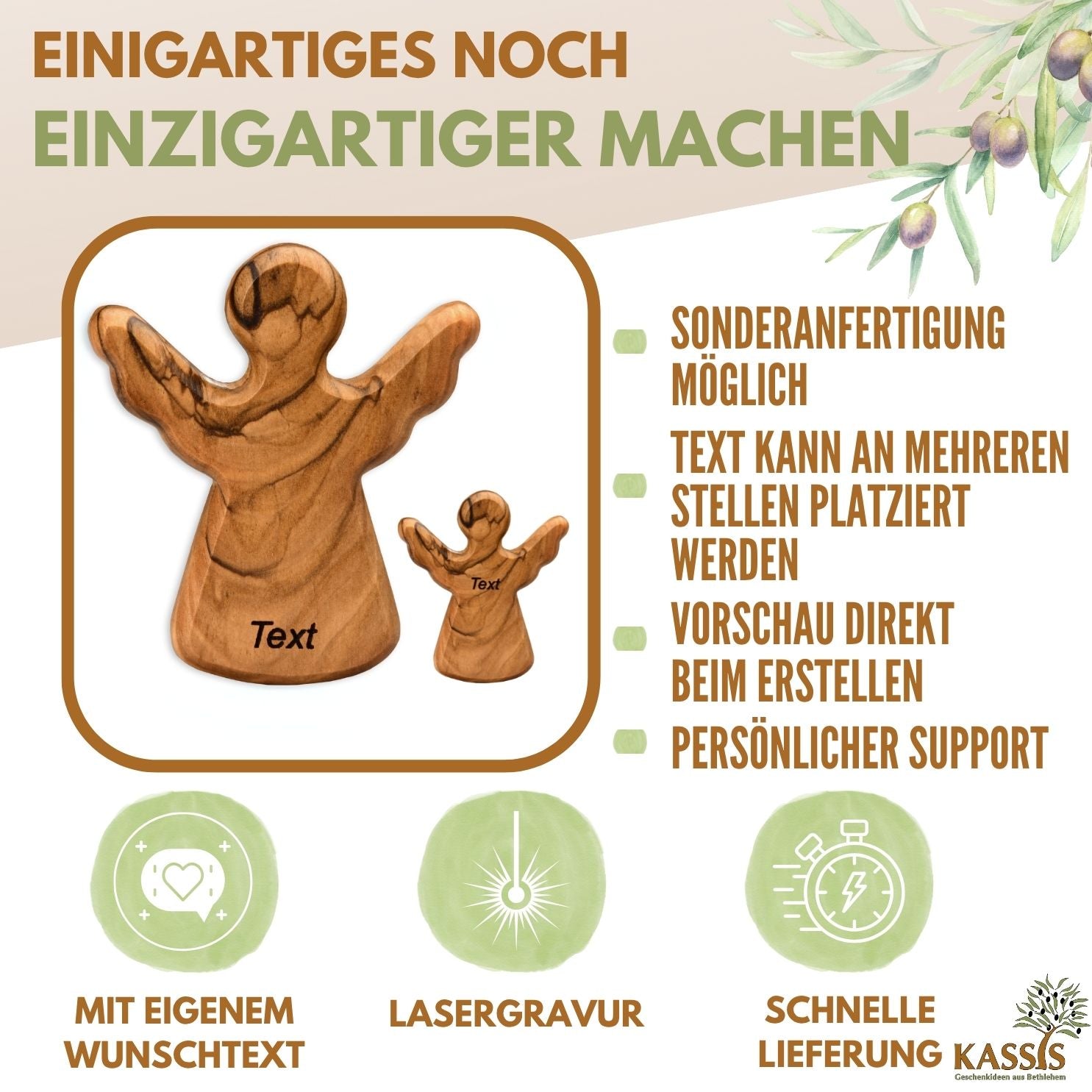 Schutzengel Handschmeichler aus Olivenholz | Kleiner Glücksbringer als Geschenk zur Taufe, Geburt & Kommunion