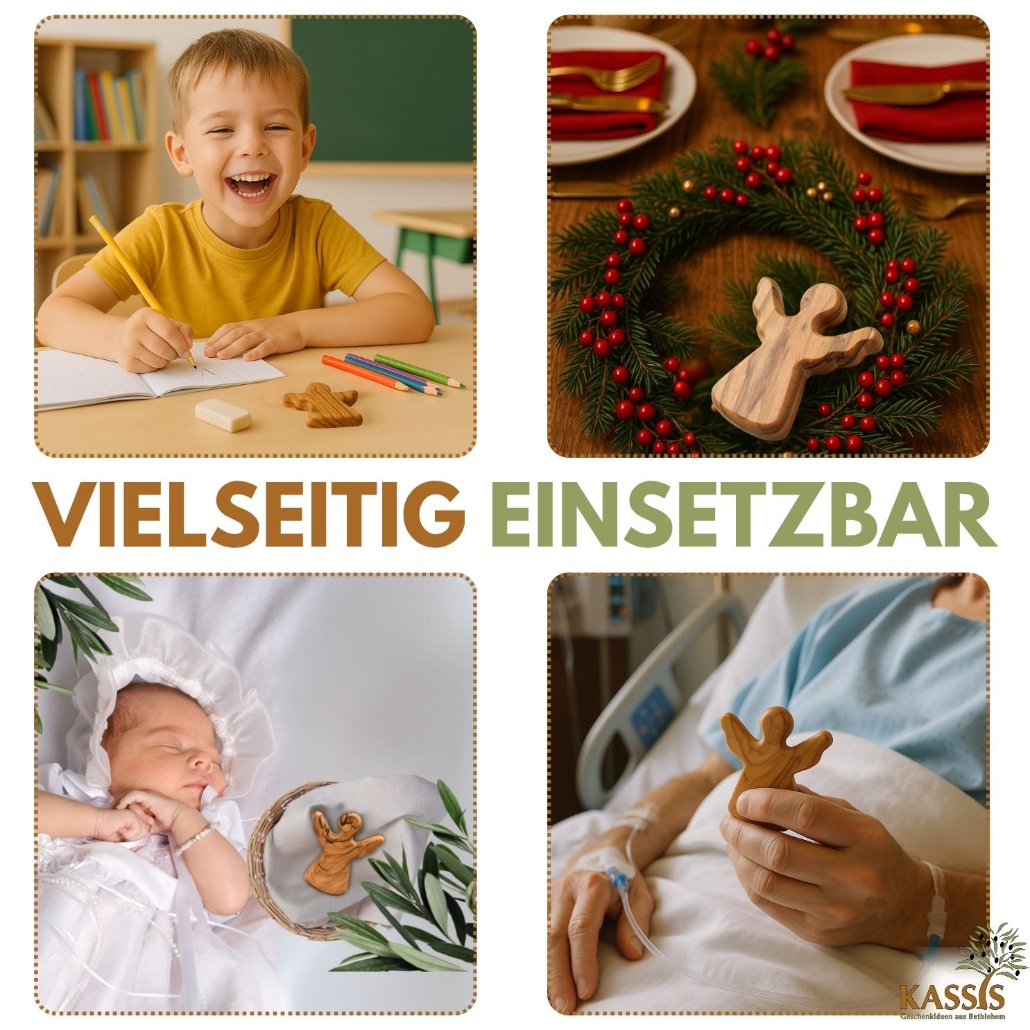 Schutzengel Handschmeichler aus Olivenholz | Kleiner Glücksbringer als Geschenk zur Taufe, Geburt & Kommunion