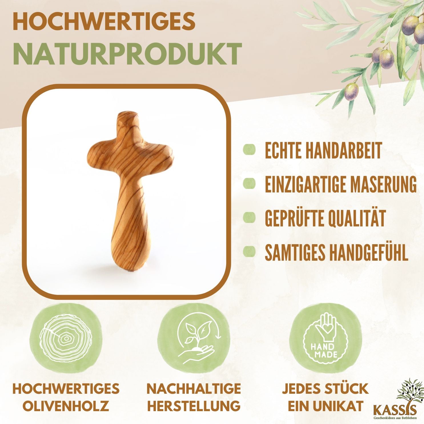 Personalisierter Kreuz Handschmeichler aus Olivenholz mit Gravur | Kleines Handkreuz als Geschenk zur Taufe & Kommunion