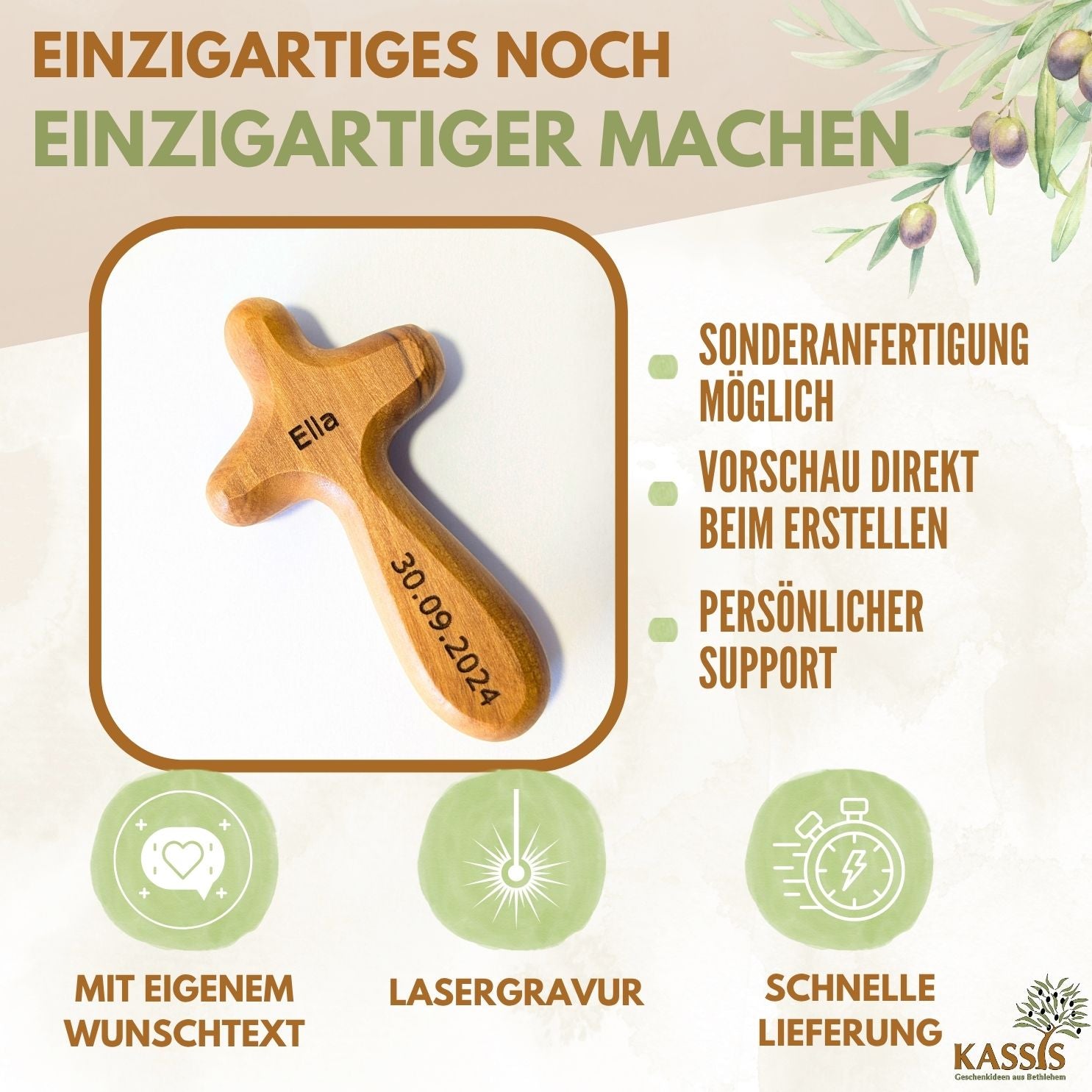 Zweite Wahl: Kreuz-Handschmeichler aus Olivenholz – mit kleinen Makeln