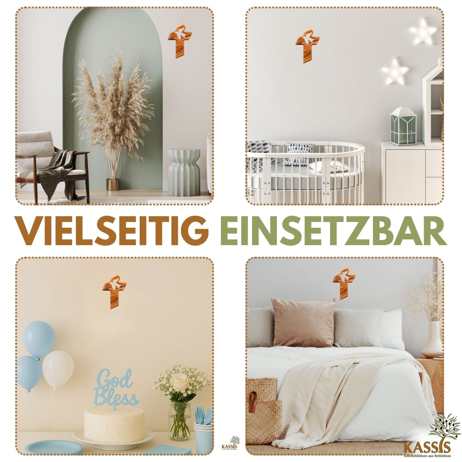 Olivenholz Kreuz mit Friedenstaube (13 cm) | Wandkreuz als Geschenk zur Taufe, Kommunion & Firmung