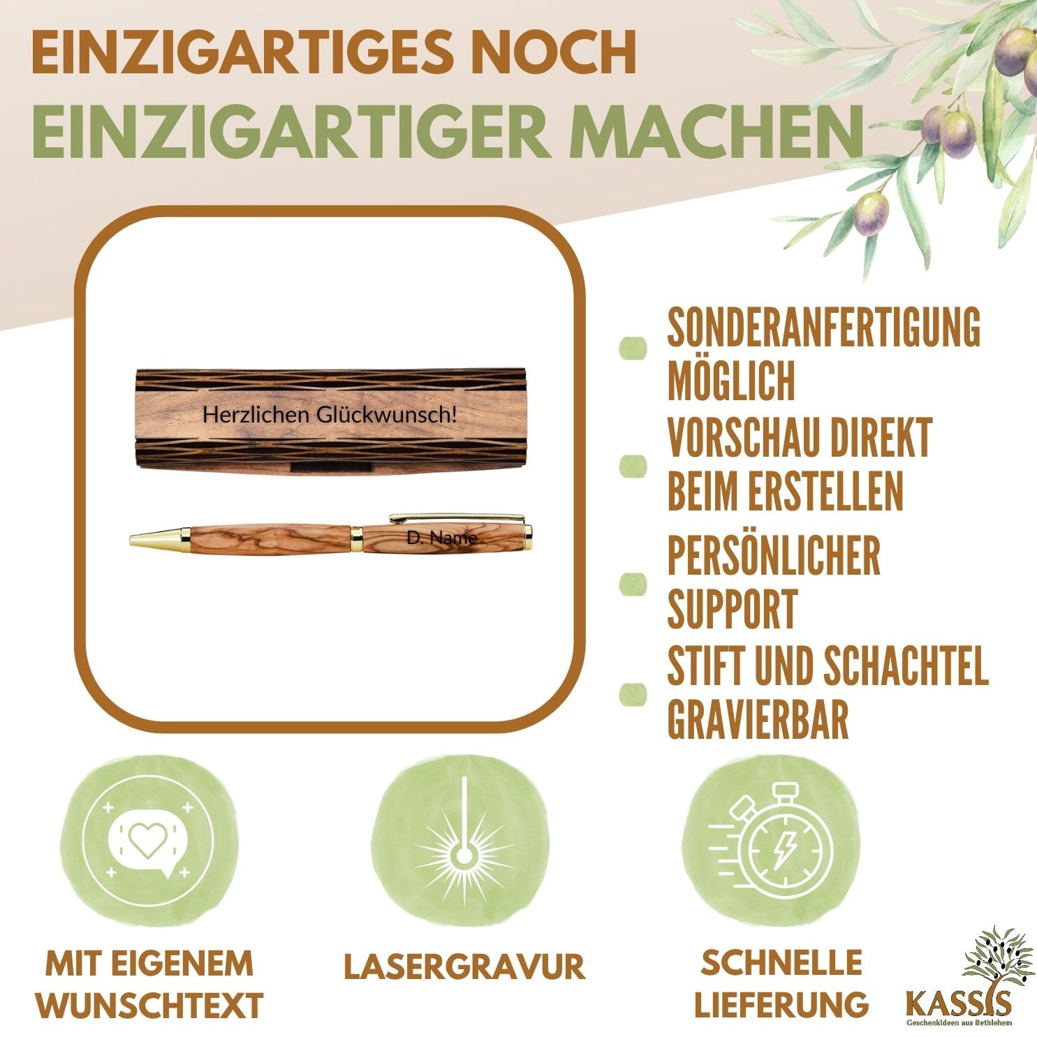 Kugelschreiber aus Olivenholz in Holzschachtel | Edles Schreibset als Geschenk für Büro, Geburtstag & Abschluss