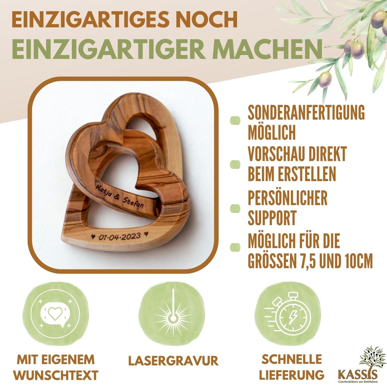 Olivenholz verbundene Herzen | Geschenk Hochzeit, Verlobung, Valentinstag, Jahrestag, Liebe