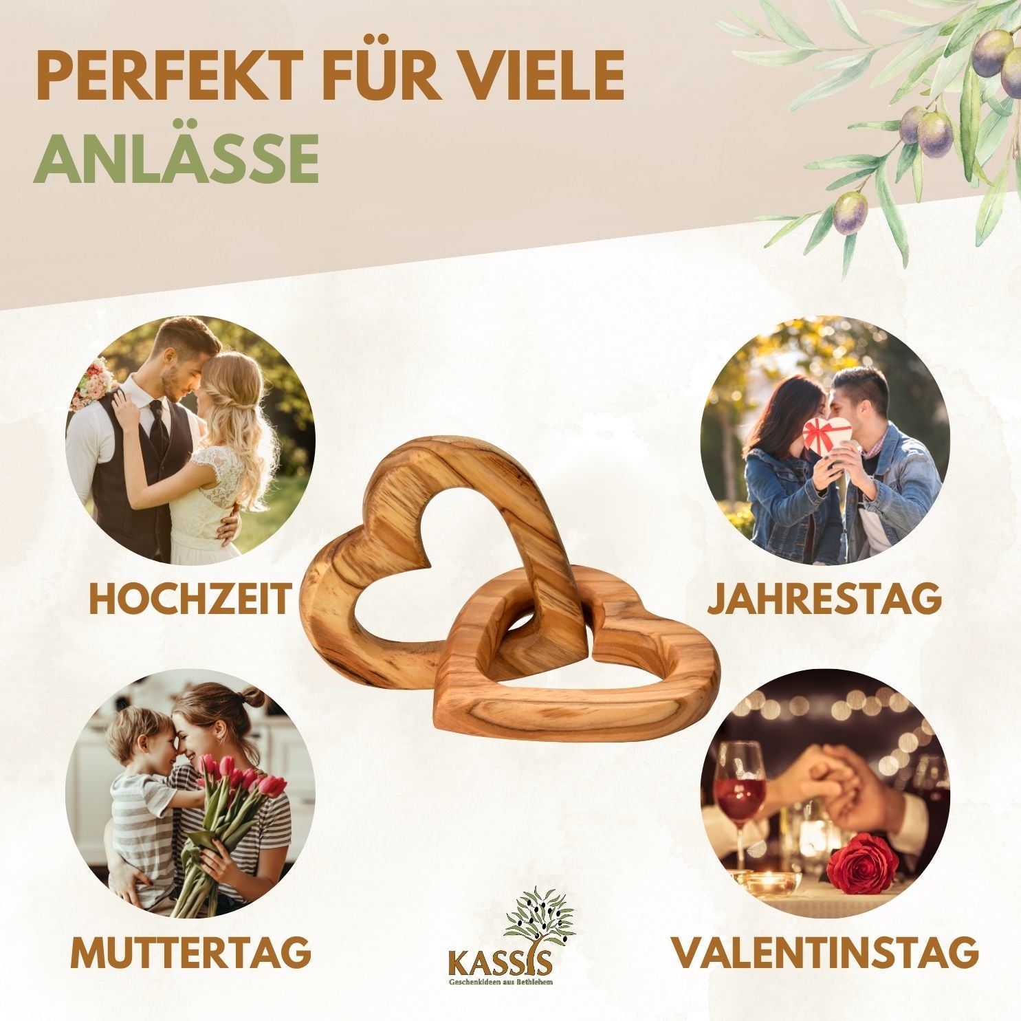 Olivenholz verbundene Herzen | Geschenk Hochzeit, Verlobung, Valentinstag, Jahrestag, Liebe