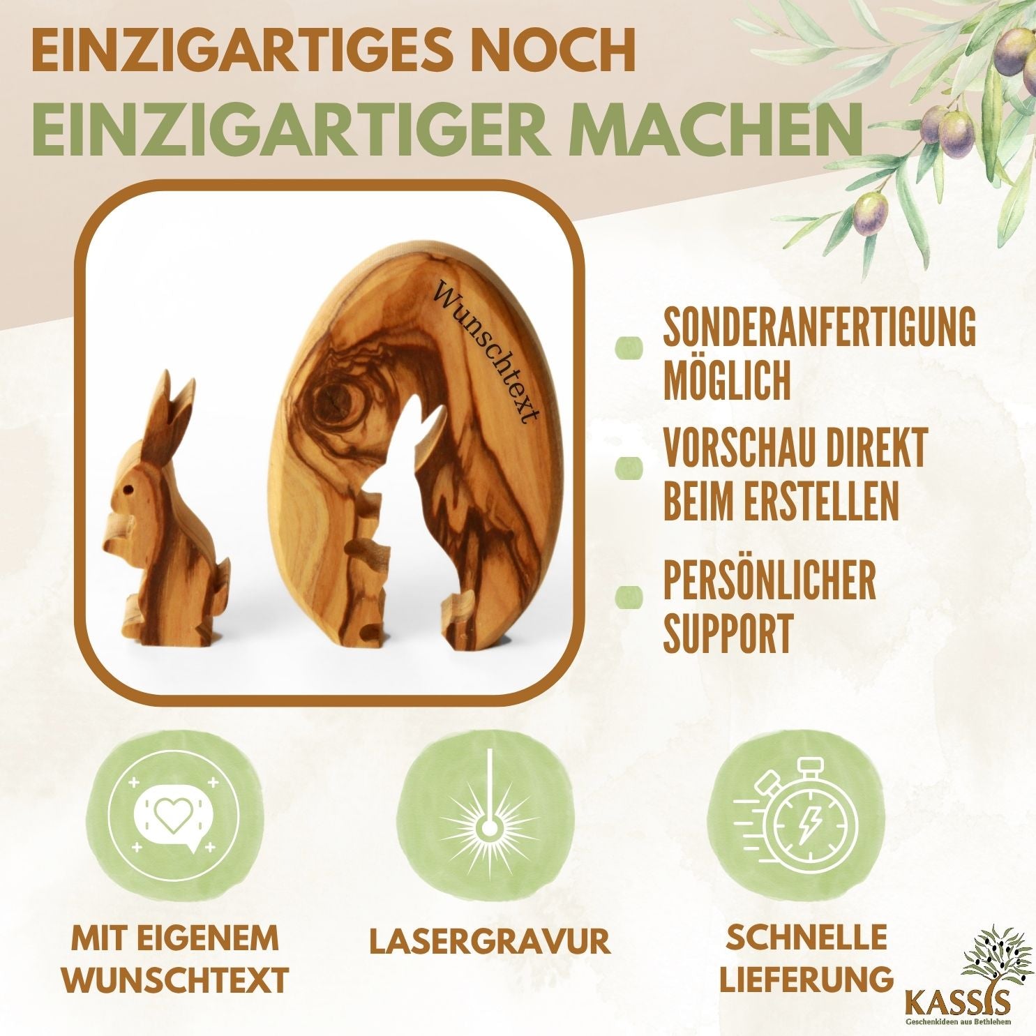 Personalisierter Osterhase im Ei aus Olivenholz mit Gravur | Tischdeko Ostern, Geschenk, Frühlingsdeko