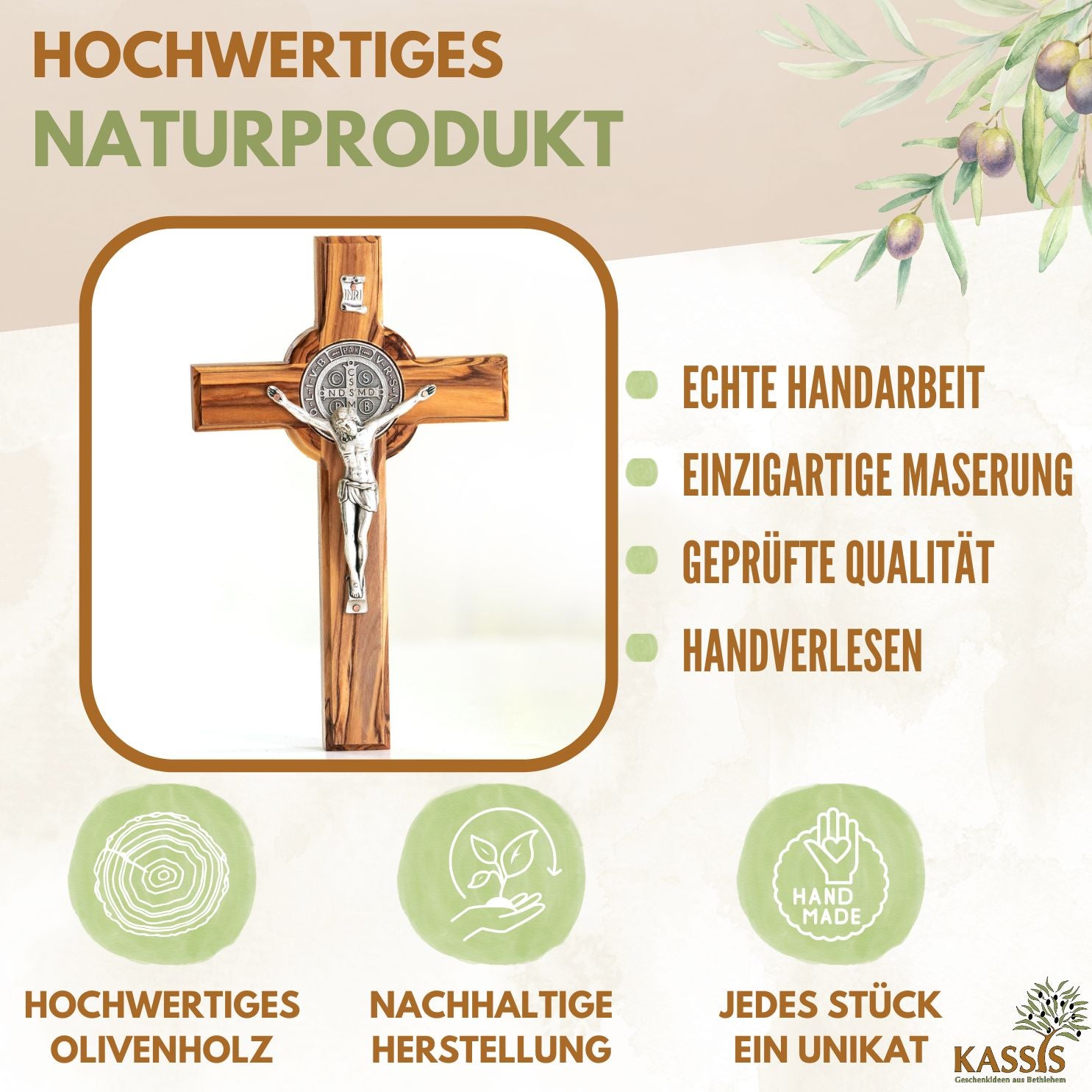St. Benedikt Kreuz aus Olivenholz | Schutzkreuz als Wandkreuz & Geschenk zur Taufe, Kommunion oder Firmung