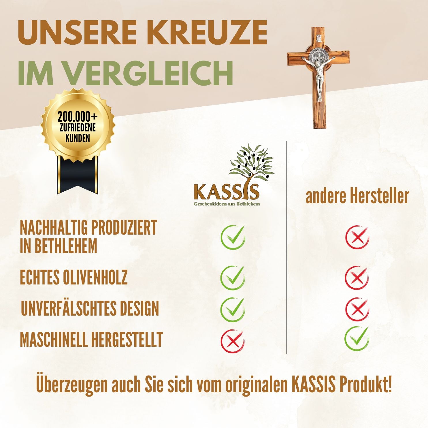 St. Benedikt Kreuz aus Olivenholz | Schutzkreuz als Wandkreuz & Geschenk zur Taufe, Kommunion oder Firmung