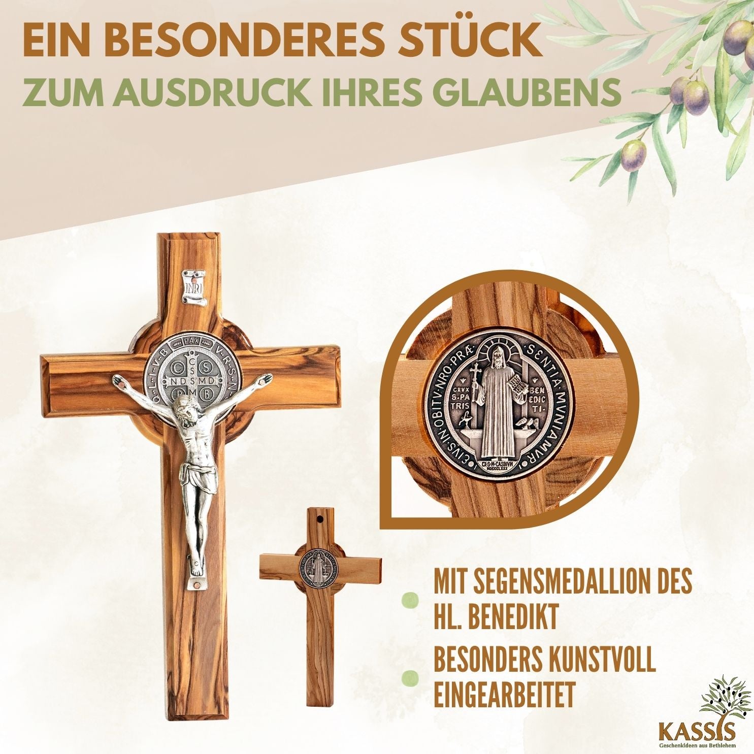 St. Benedikt Kreuz aus Olivenholz | Schutzkreuz als Wandkreuz & Geschenk zur Taufe, Kommunion oder Firmung