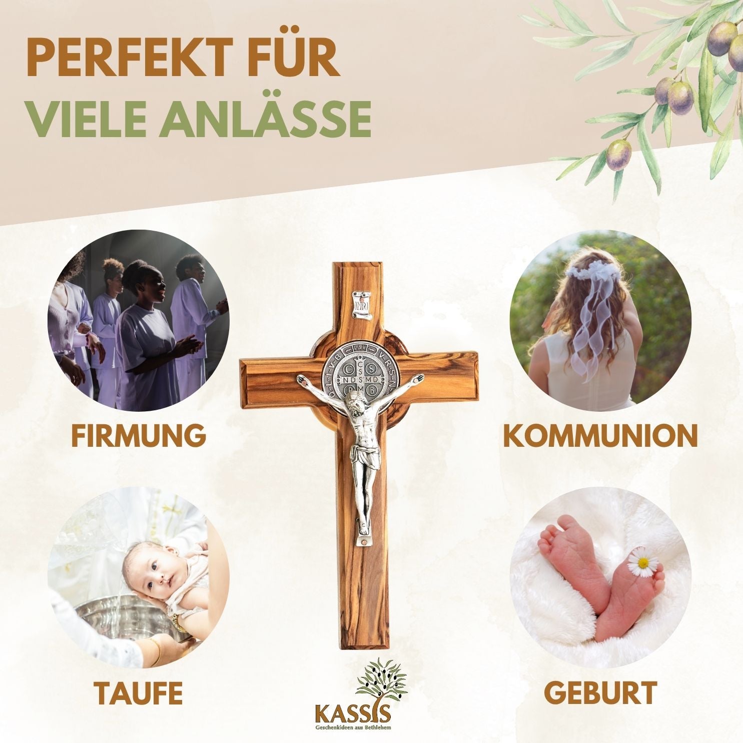St. Benedikt Kreuz aus Olivenholz | Schutzkreuz als Wandkreuz & Geschenk zur Taufe, Kommunion oder Firmung