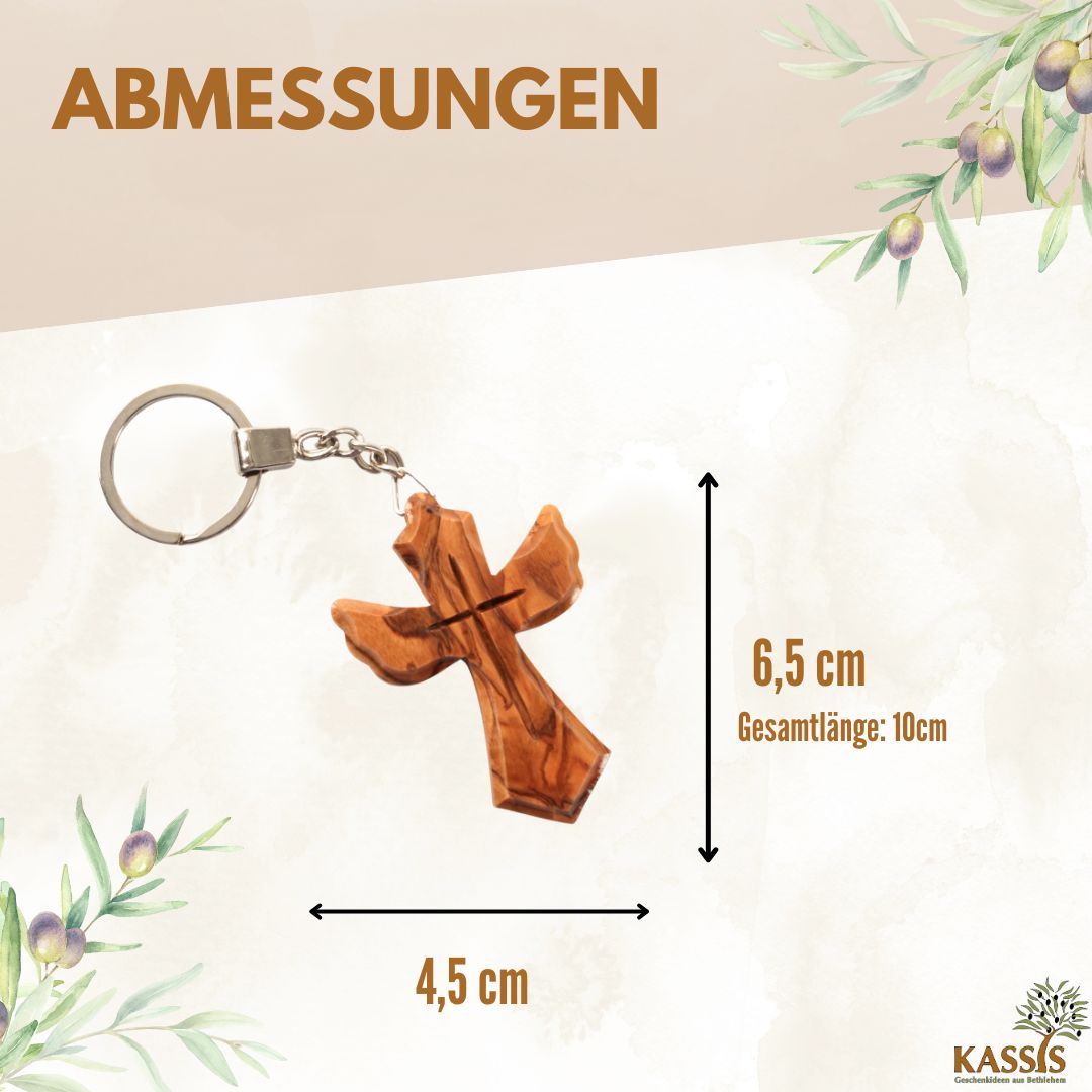 Personalisierter Schlüsselanhänger aus Olivenholz mit Gravur – Kreuz in Engel Form | Geschenk zur Taufe, Kommunion, Geburtstag
