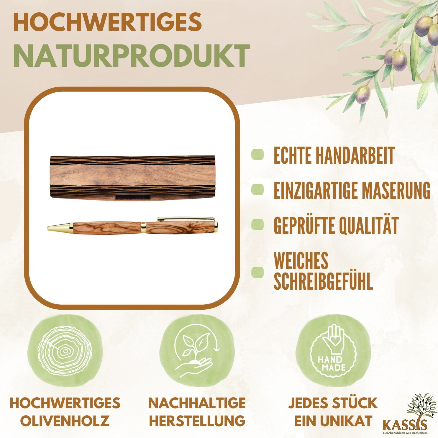 Personalisierter Kugelschreiber aus Olivenholz mit Gravur & Holzschachtel | Geschenk für Männer & Frauen, Geburtstag, Abschluss
