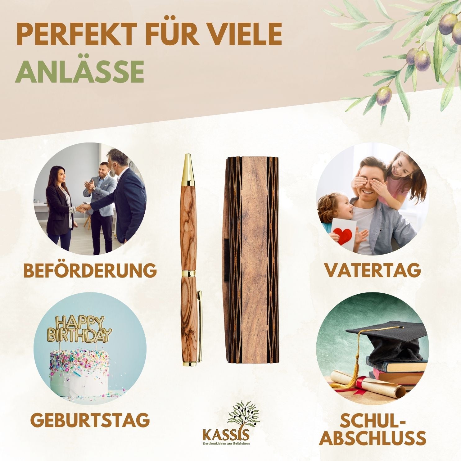 Personalisierter Kugelschreiber aus Olivenholz mit Gravur & Holzschachtel | Geschenk für Männer & Frauen, Geburtstag, Abschluss