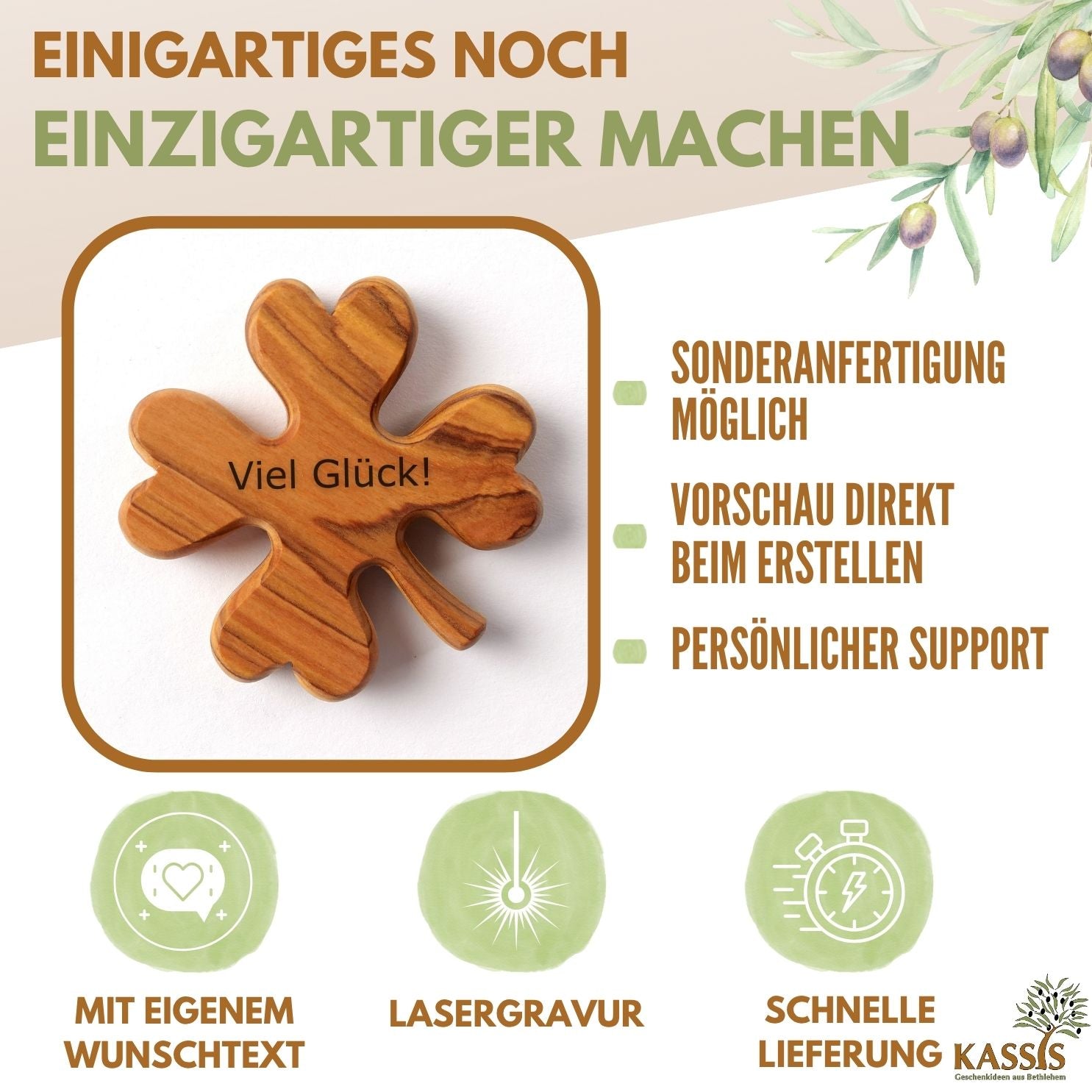 Personalisiertes Kleeblatt aus Olivenholz mit Gravur | Glücksbringer Handschmeichler Geschenk für Geburtstag, Prüfung, Neuanfang