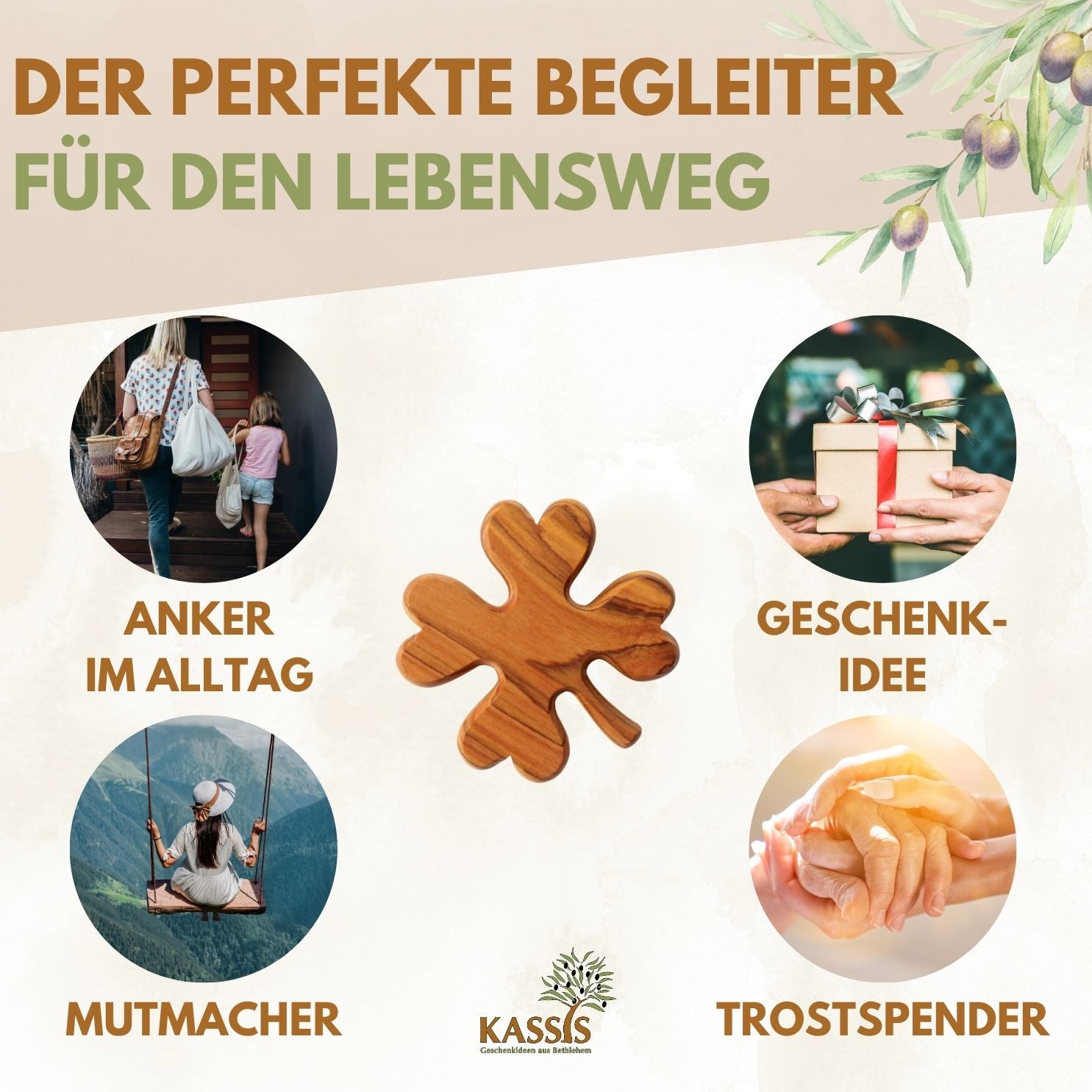Personalisiertes Kleeblatt aus Olivenholz mit Gravur | Glücksbringer Handschmeichler Geschenk für Geburtstag, Prüfung, Neuanfang