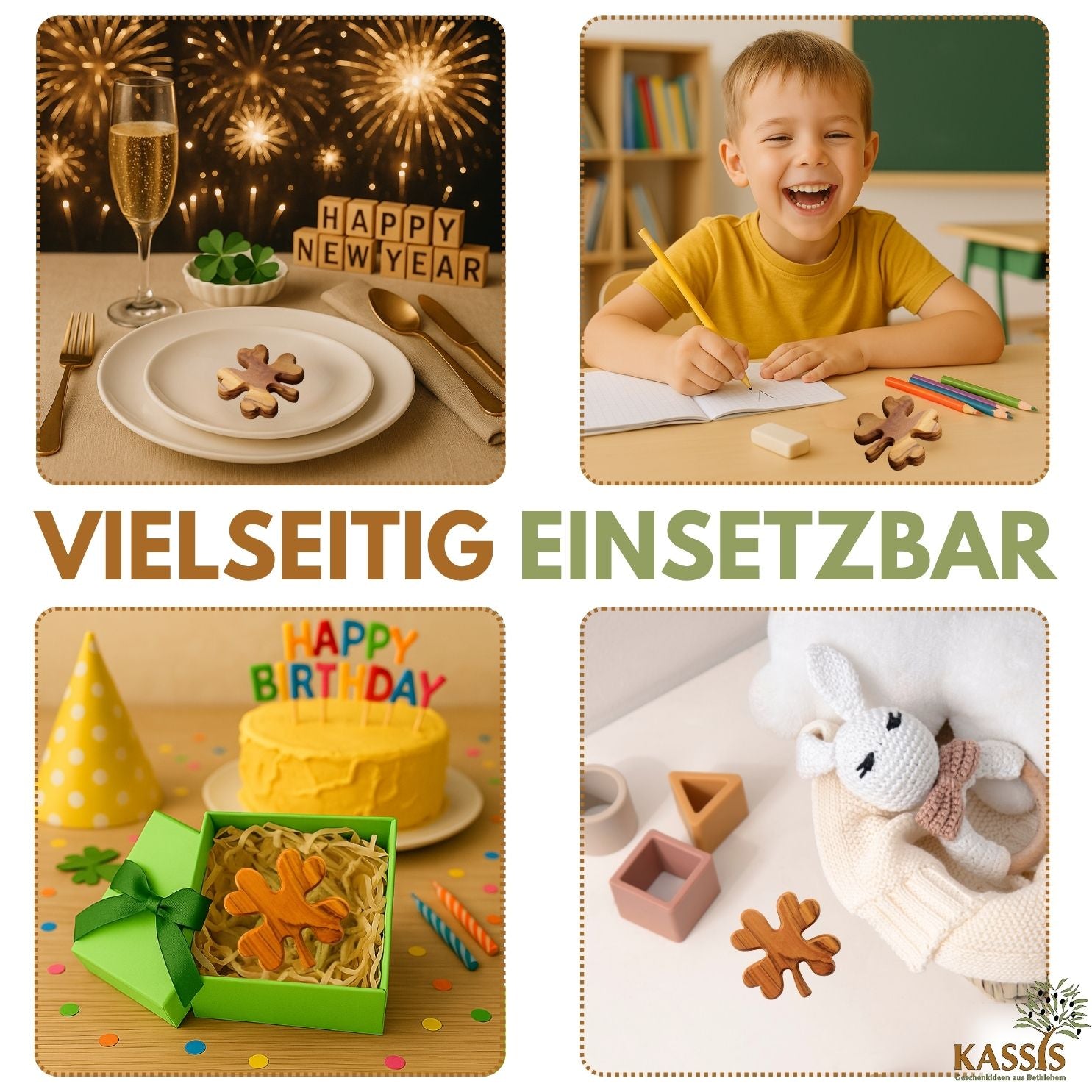 Personalisiertes Kleeblatt aus Olivenholz mit Gravur | Glücksbringer Handschmeichler Geschenk für Geburtstag, Prüfung, Neuanfang