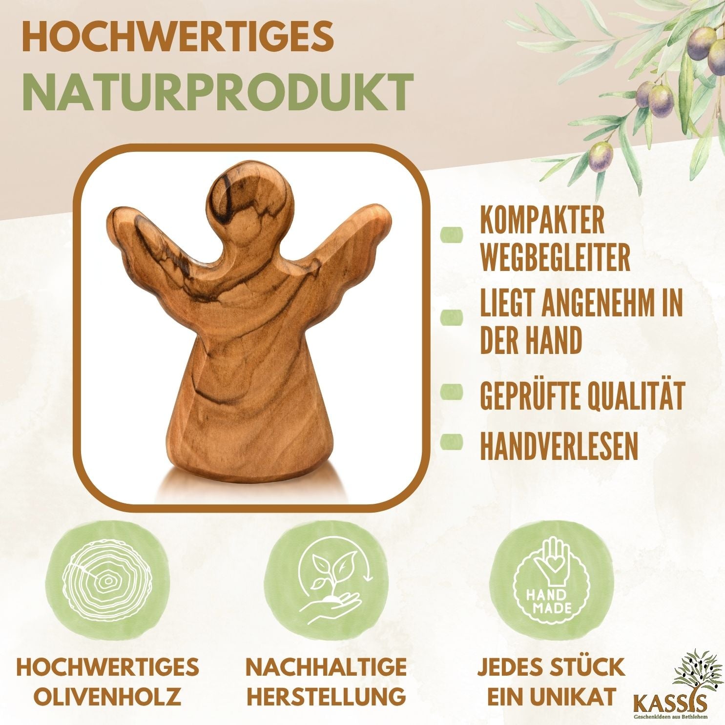 Personalisierter Schutzengel aus Olivenholz mit Gravur (6 cm) | Handschmeichler als Geschenk zur Taufe, Geburt & Kommunion