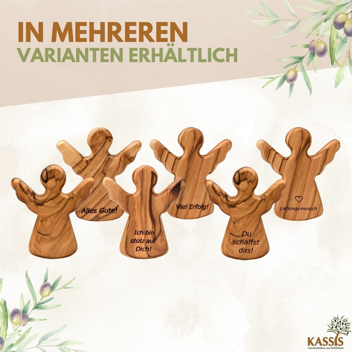 Personalisierter Schutzengel aus Olivenholz mit Gravur (6 cm) | Handschmeichler als Geschenk zur Taufe, Geburt & Kommunion