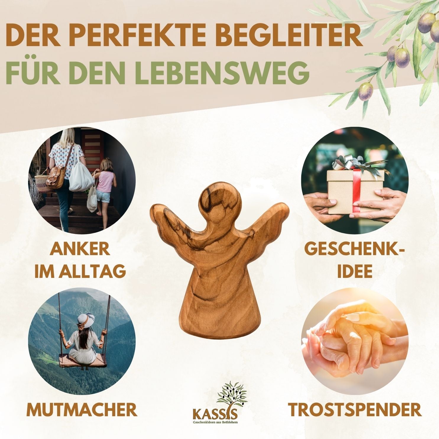 Personalisierter Schutzengel aus Olivenholz mit Gravur (6 cm) | Handschmeichler als Geschenk zur Taufe, Geburt & Kommunion