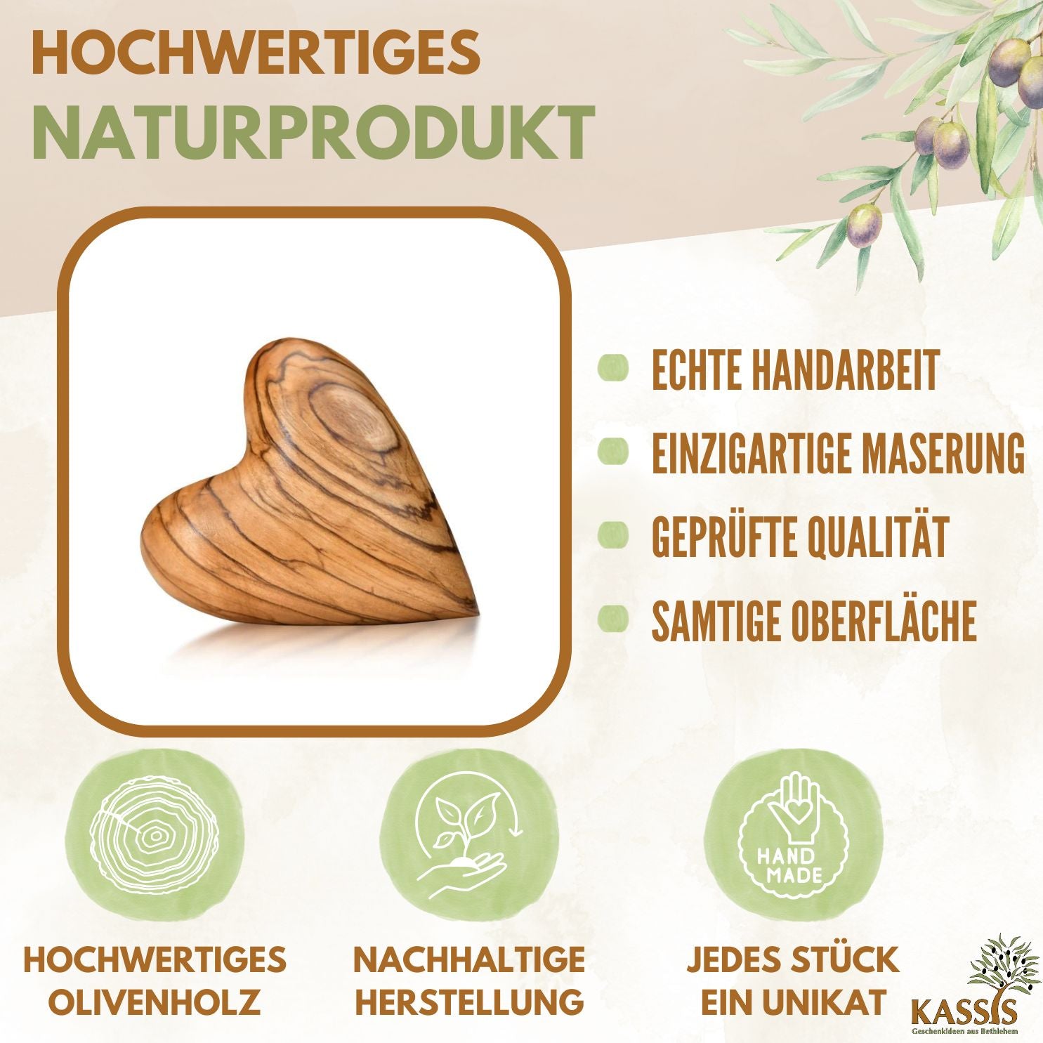 Olivenholz Herz Handschmeichler | Glücksbringer Geschenk Hochzeit, Valentinstag, Geburtstag